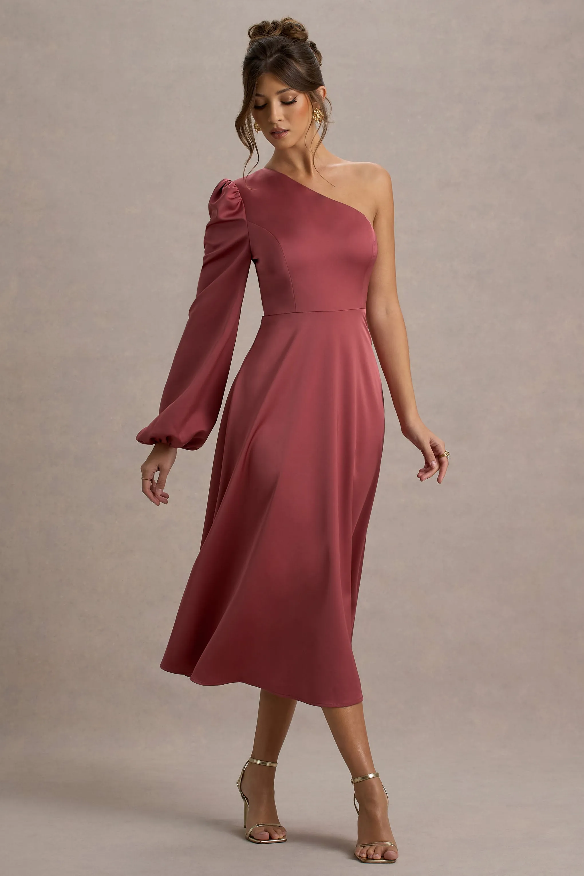 Haila | Rose Pink Satin One-Shoulder Midi Dress Club L London