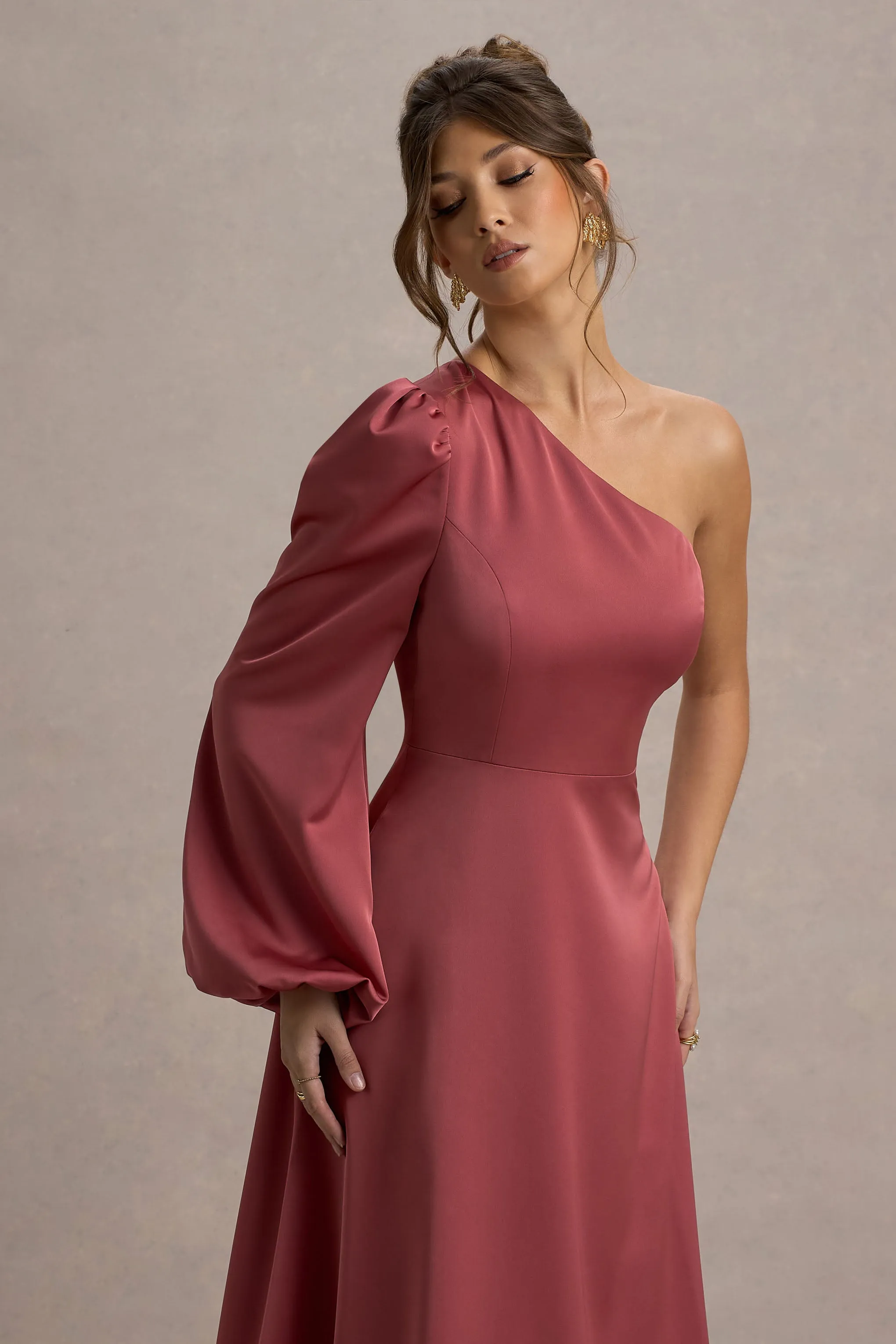 Haila | Rose Pink Satin One-Shoulder Midi Dress Club L London