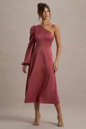 Haila | Rose Pink Satin One-Shoulder Midi Dress Club L London