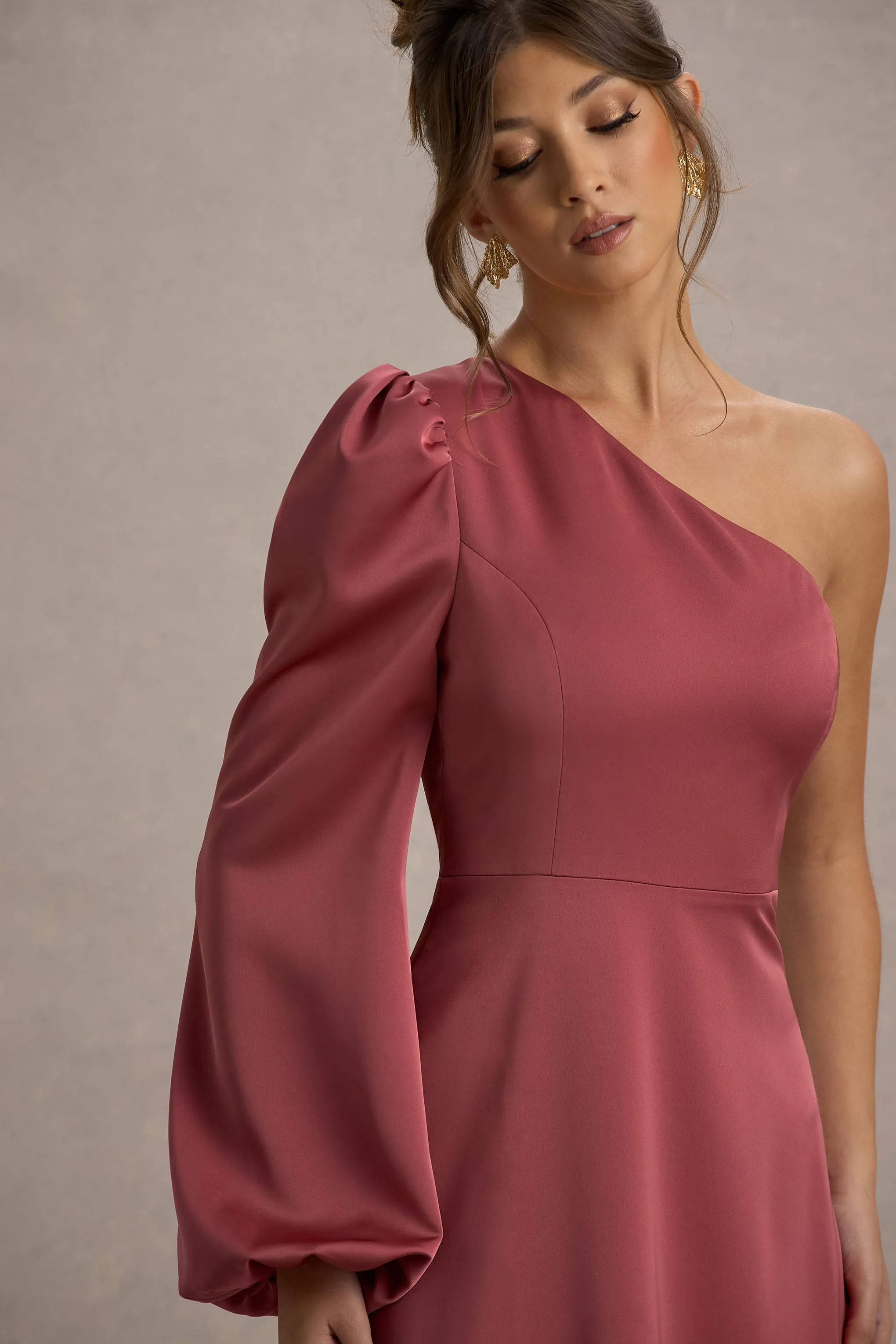 Haila | Rose Pink Satin One-Shoulder Midi Dress Club L London