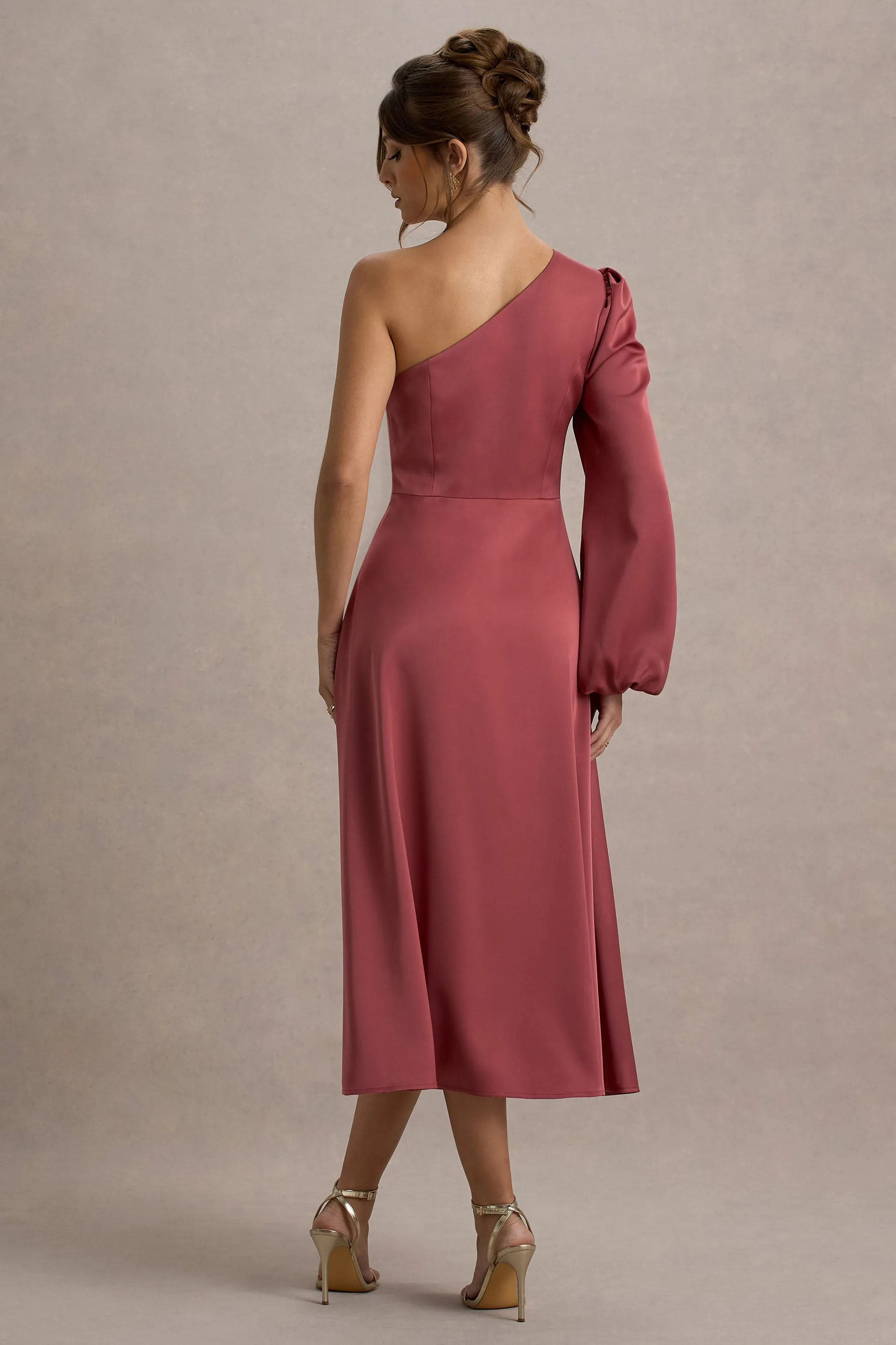 Haila | Rose Pink Satin One-Shoulder Midi Dress Club L London