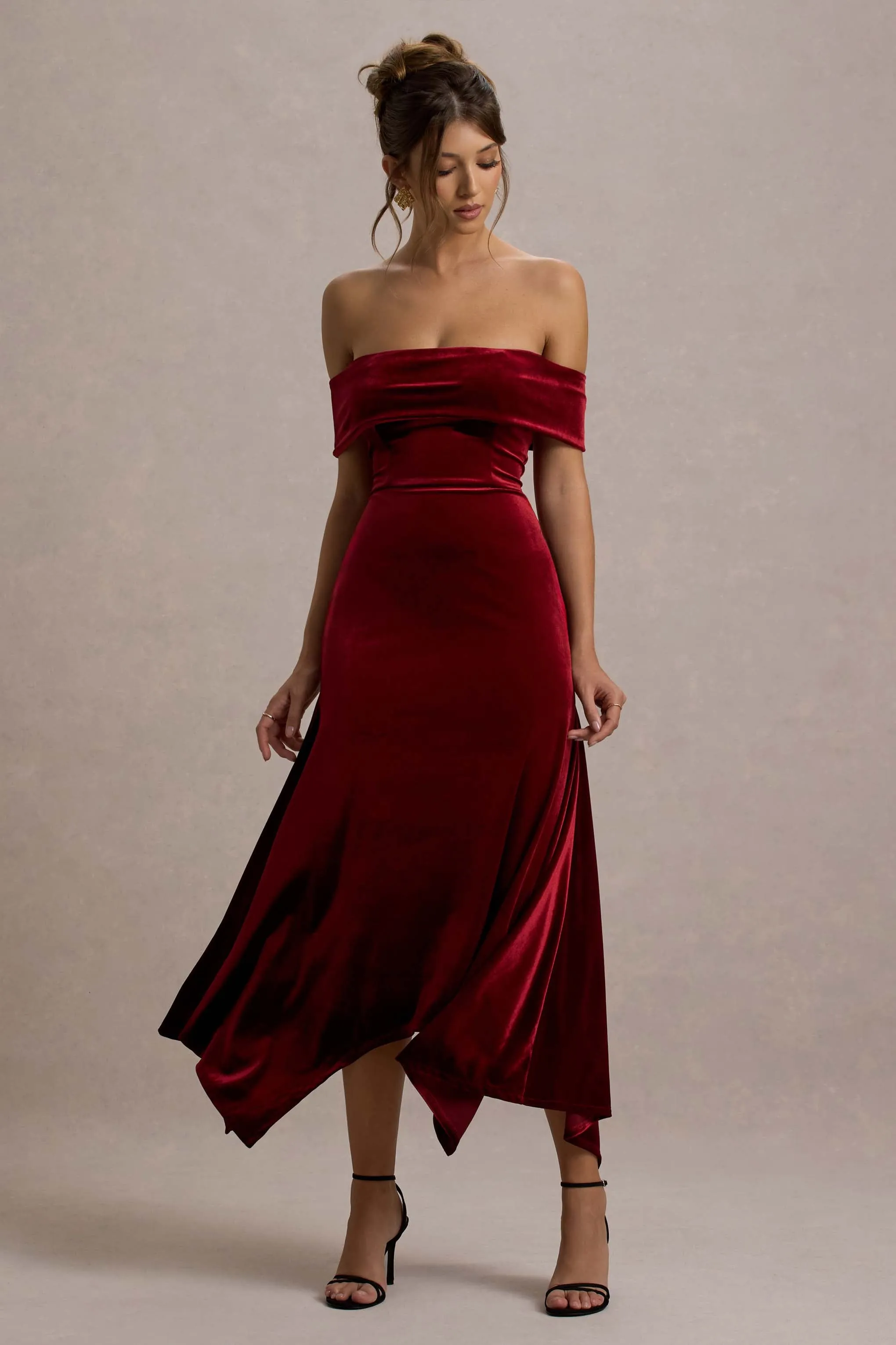 Halia | Berry Velvet Bardot Midi Dress Club L London