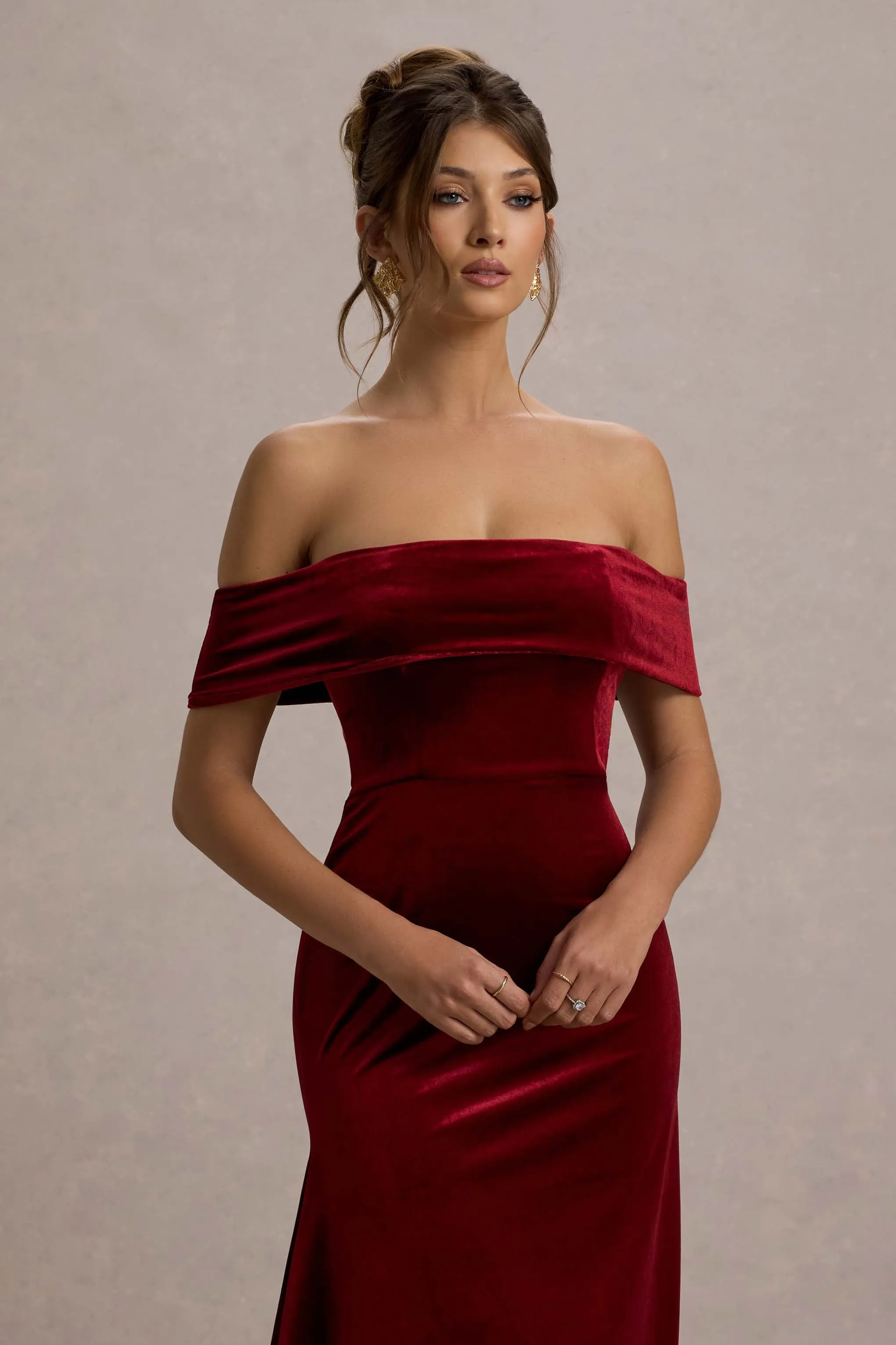Halia | Berry Velvet Bardot Midi Dress Club L London