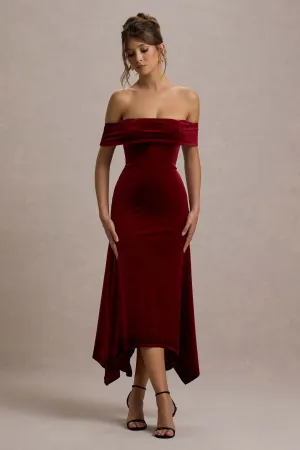 Halia | Berry Velvet Bardot Midi Dress Club L London