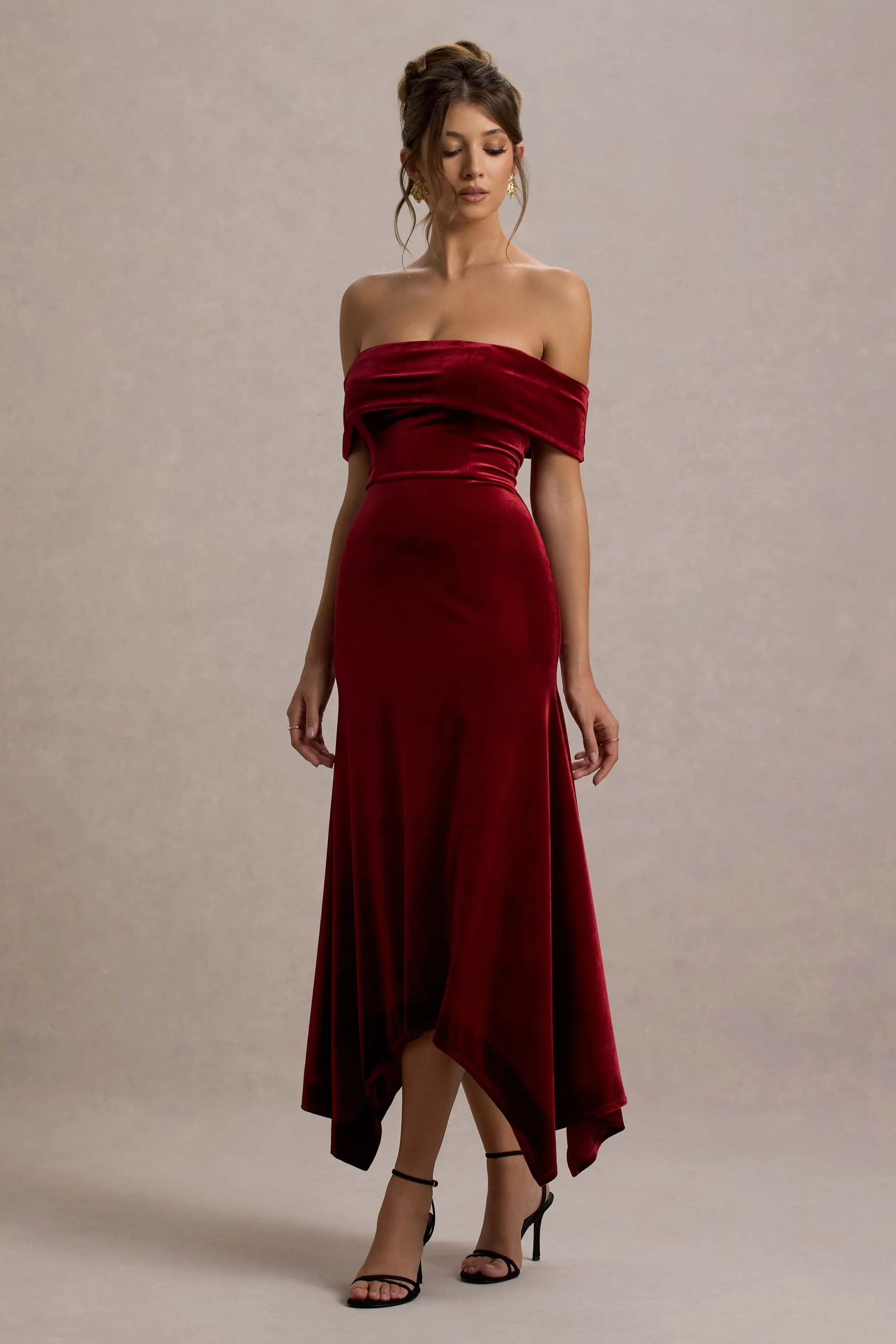 Halia | Berry Velvet Bardot Midi Dress Club L London