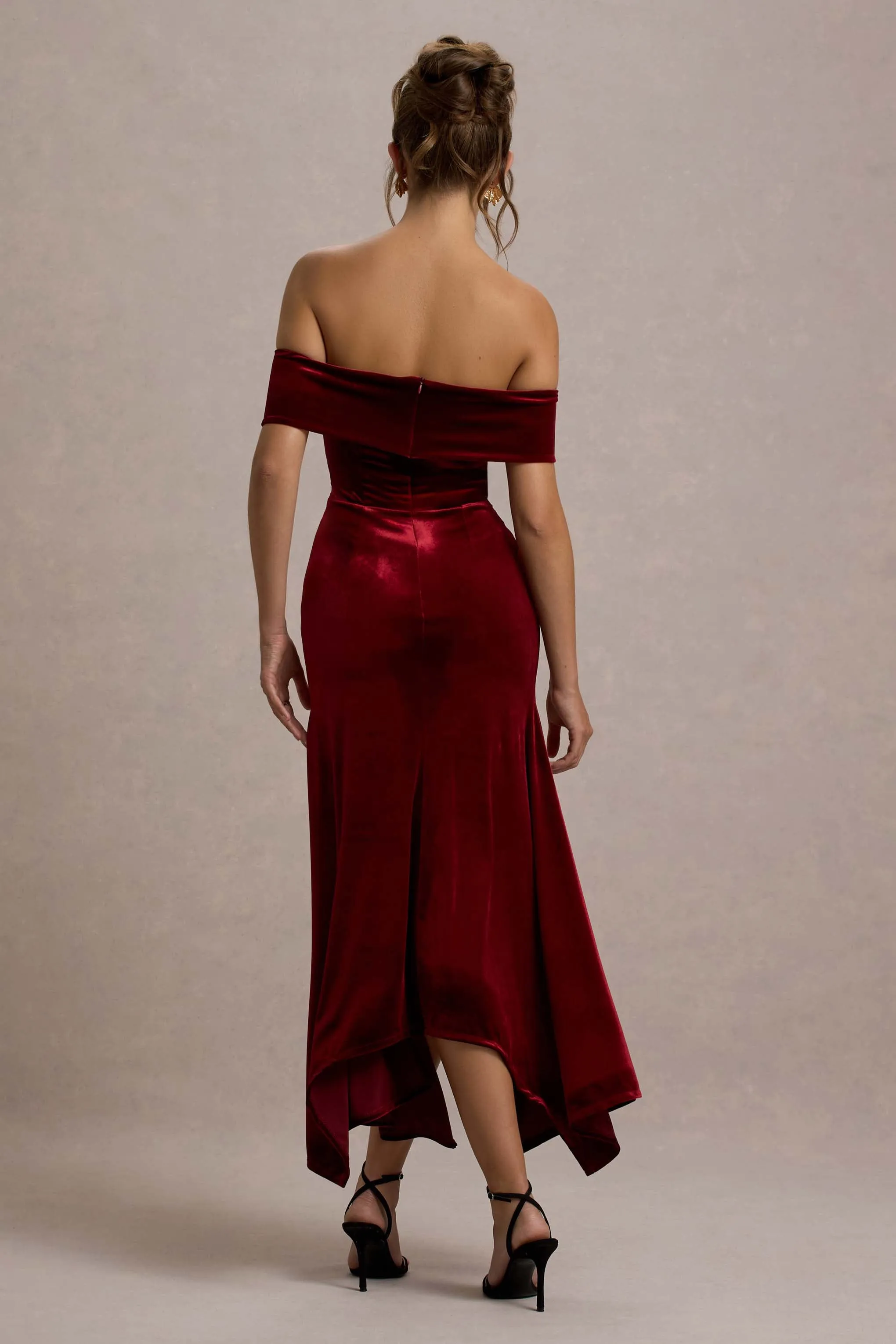 Halia | Berry Velvet Bardot Midi Dress Club L London