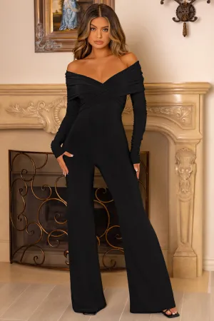 Hand On Heart | Black Twist Front Bardot Long Sleeve Jumpsuit Club L London