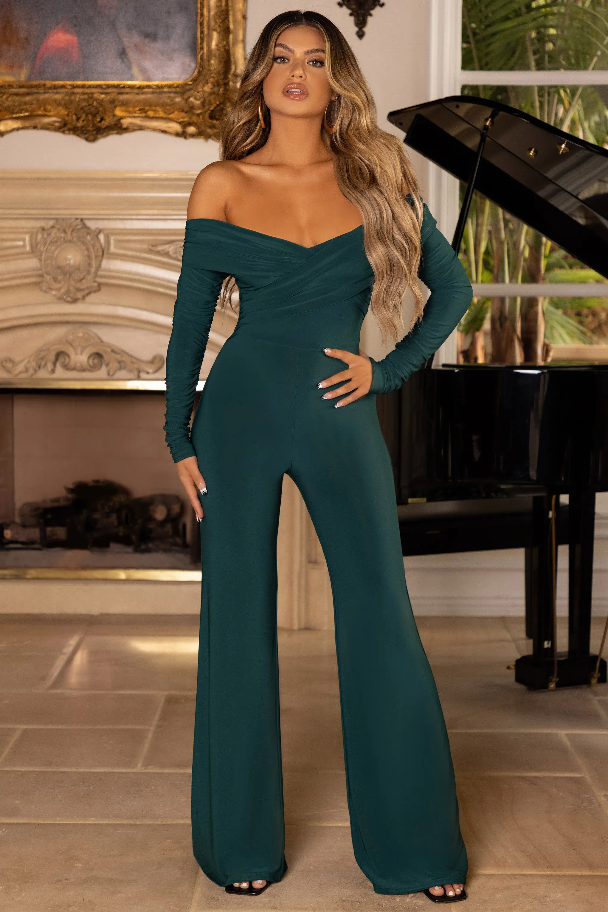 Hand On Heart | Bottle Green Twist Front Bardot Long Sleeve Jumpsuit Club L London
