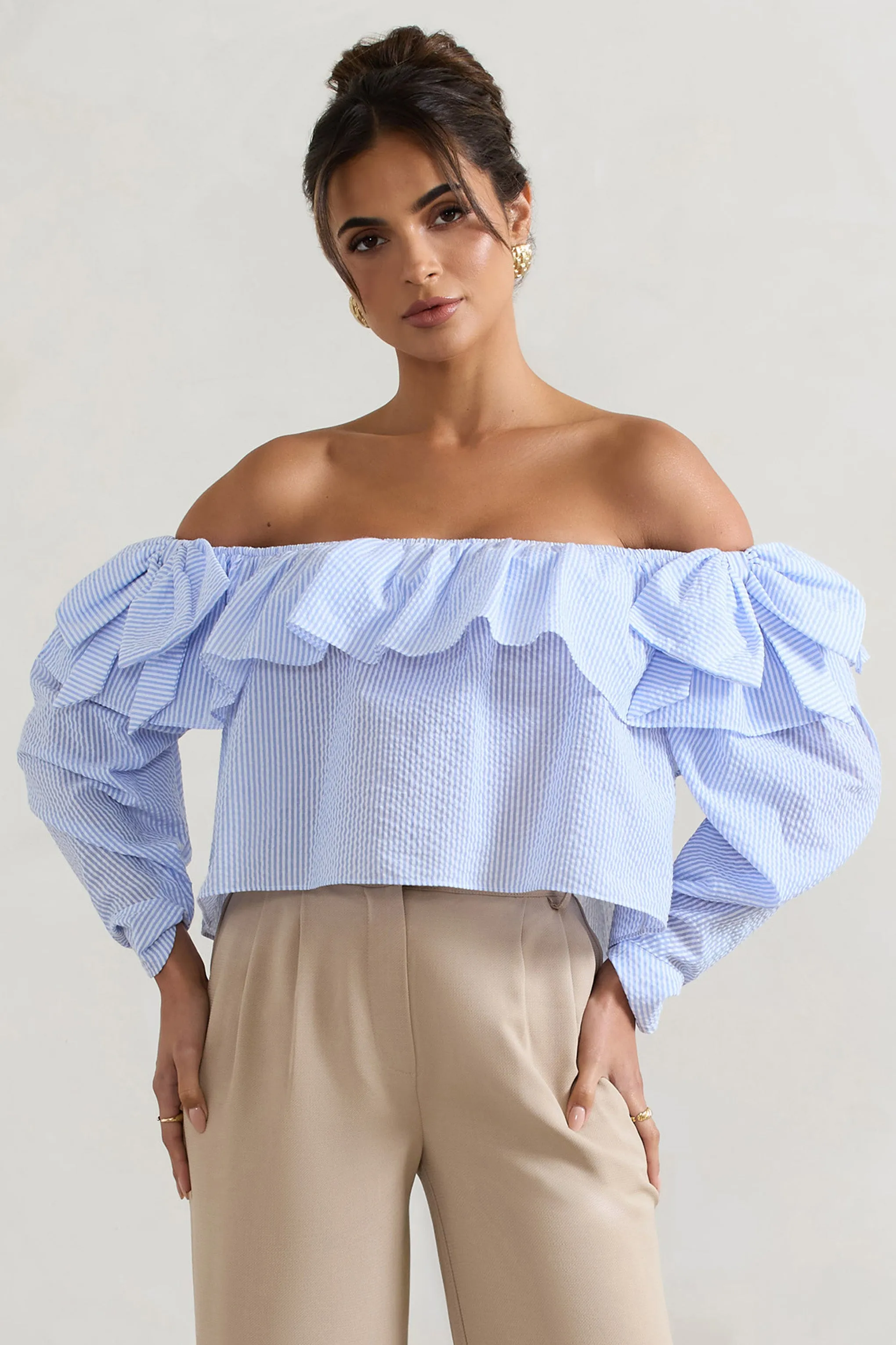 Harbour | Blue Pinstripe Bardot Puff-Sleeve Top With Bows Club L London