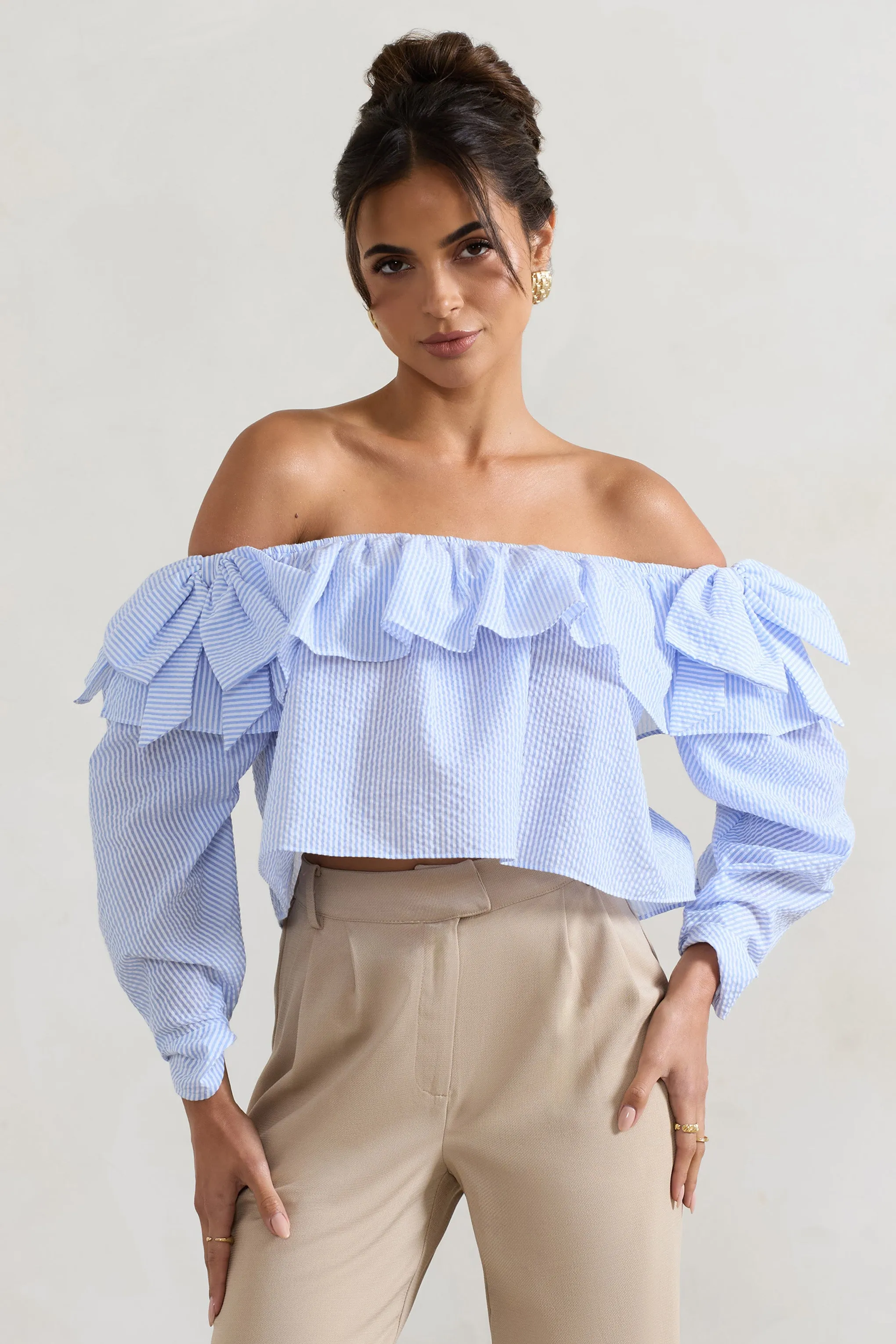 Harbour | Blue Pinstripe Bardot Puff-Sleeve Top With Bows Club L London