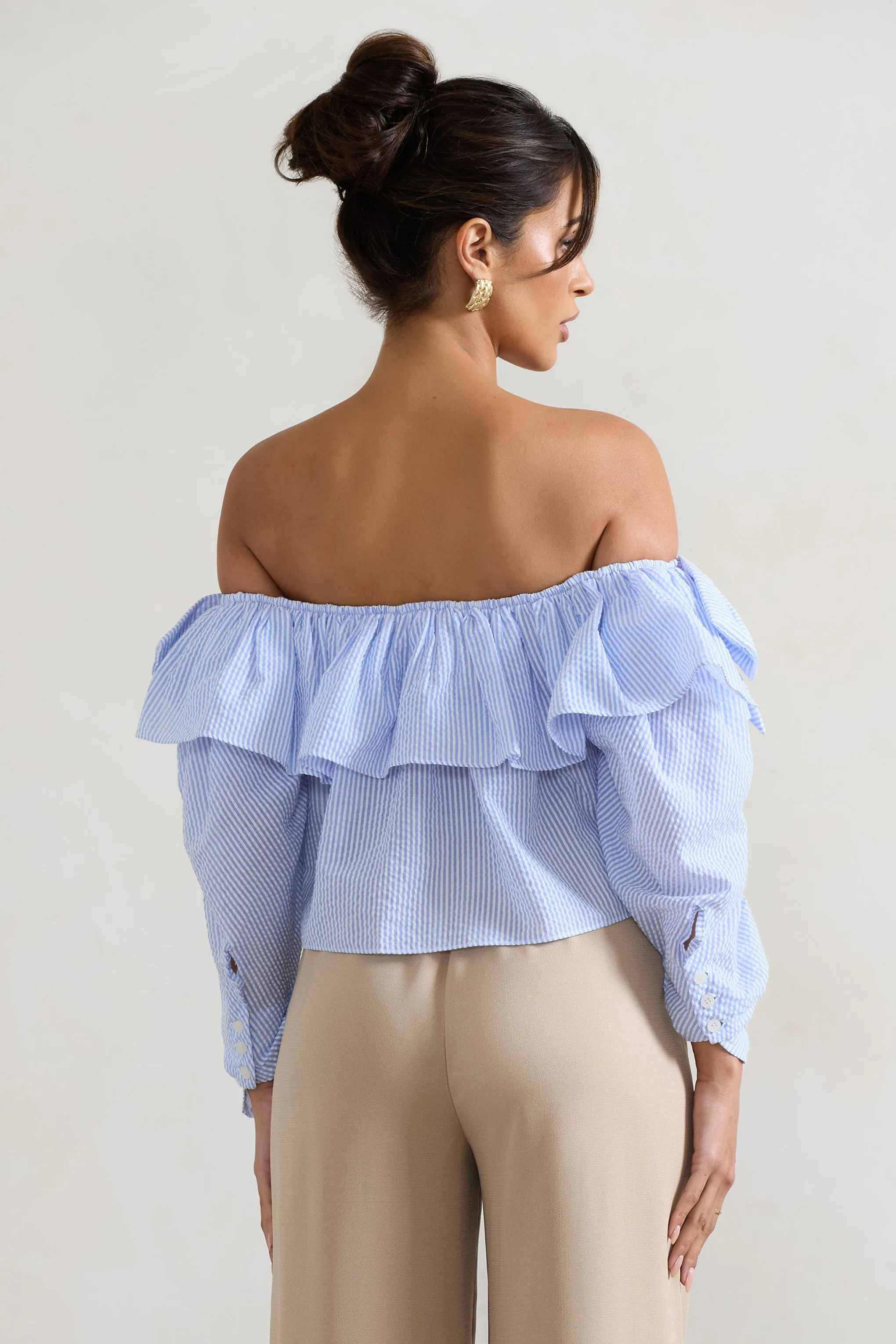 Harbour | Blue Pinstripe Bardot Puff-Sleeve Top With Bows Club L London