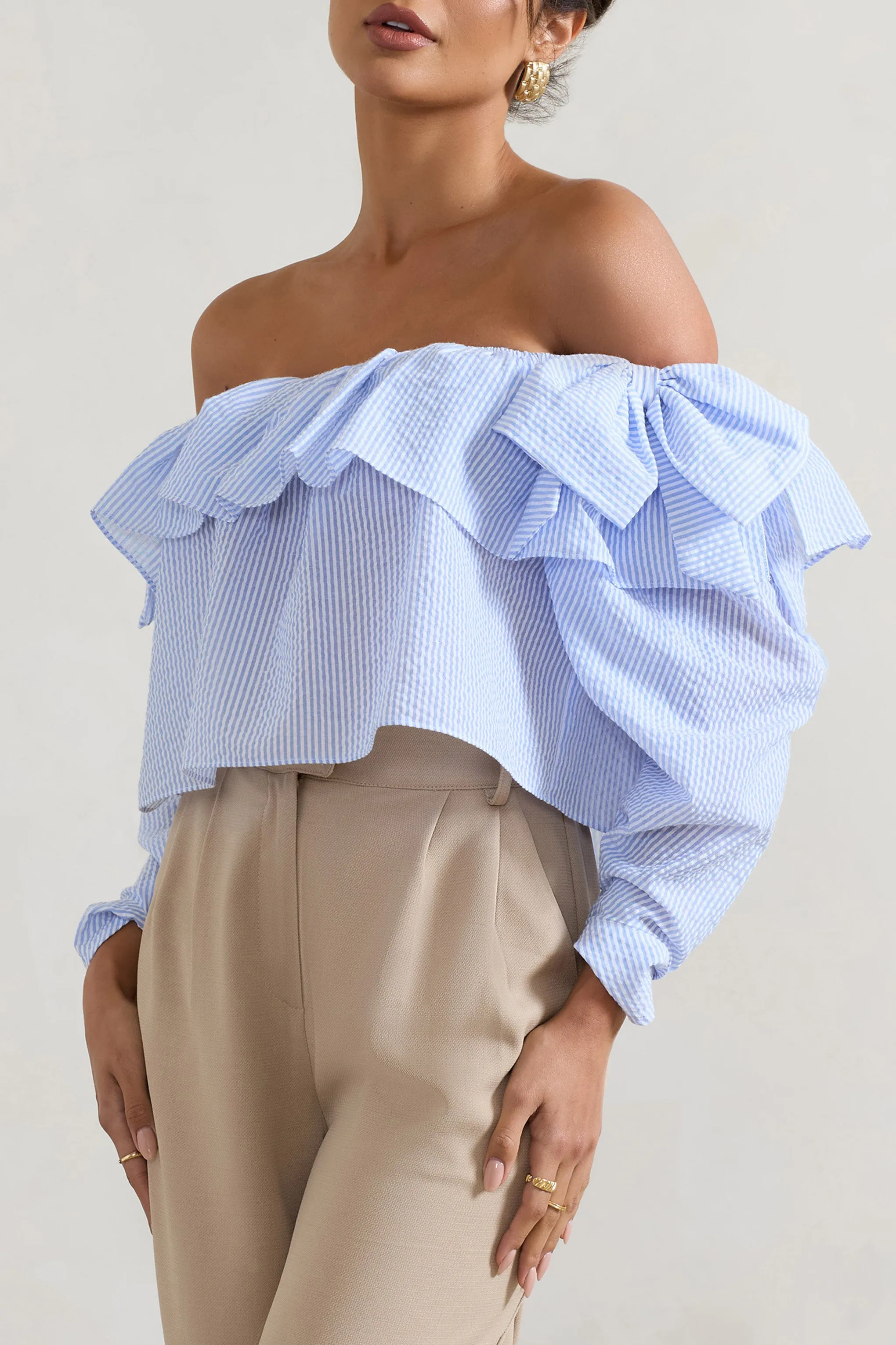 Harbour | Blue Pinstripe Bardot Puff-Sleeve Top With Bows Club L London