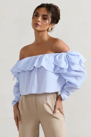 Harbour | Blue Pinstripe Bardot Puff-Sleeve Top With Bows Club L London