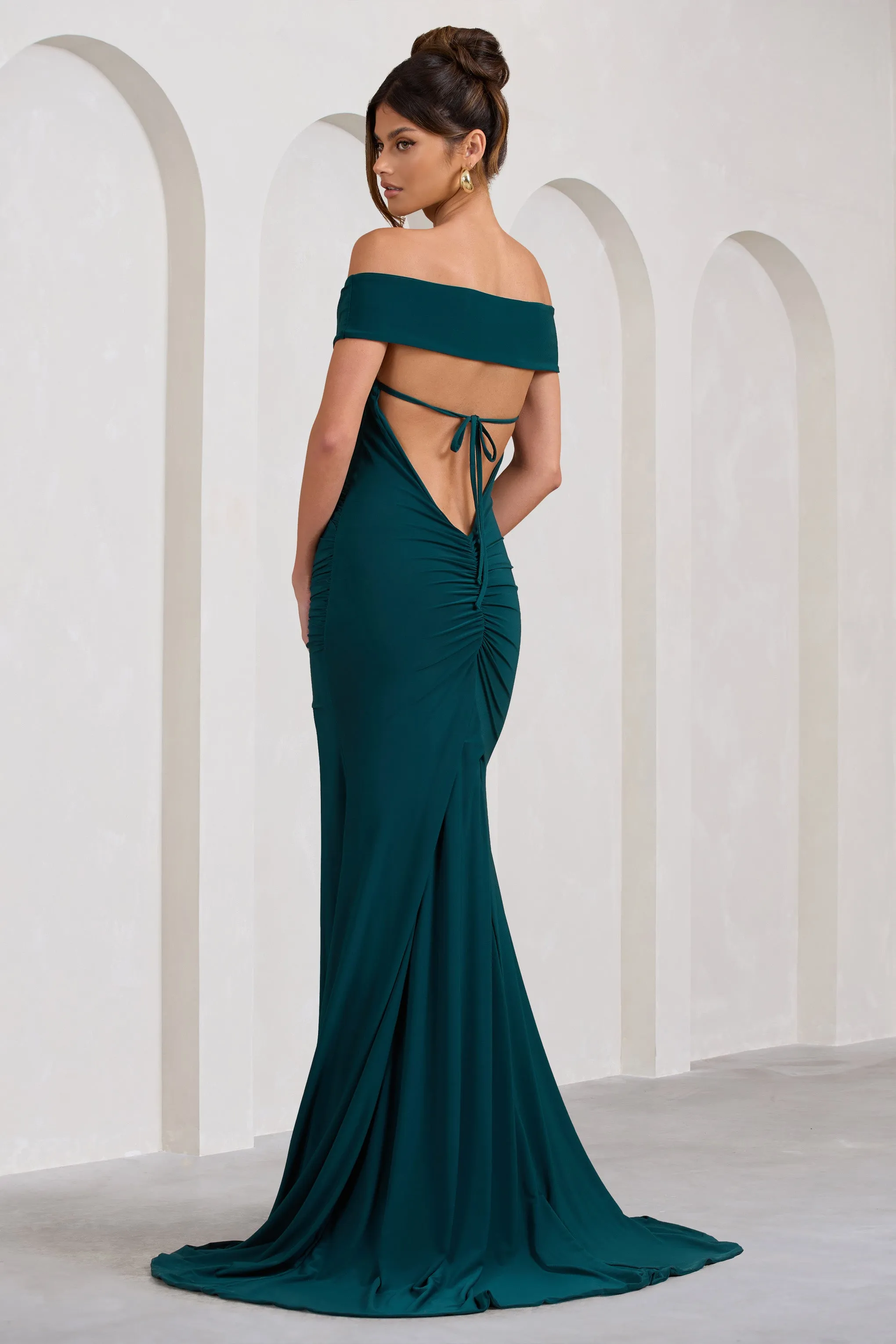 Harmony | Bottle Green Ruched Bardot Split Fishtail Maxi Dress Club L London