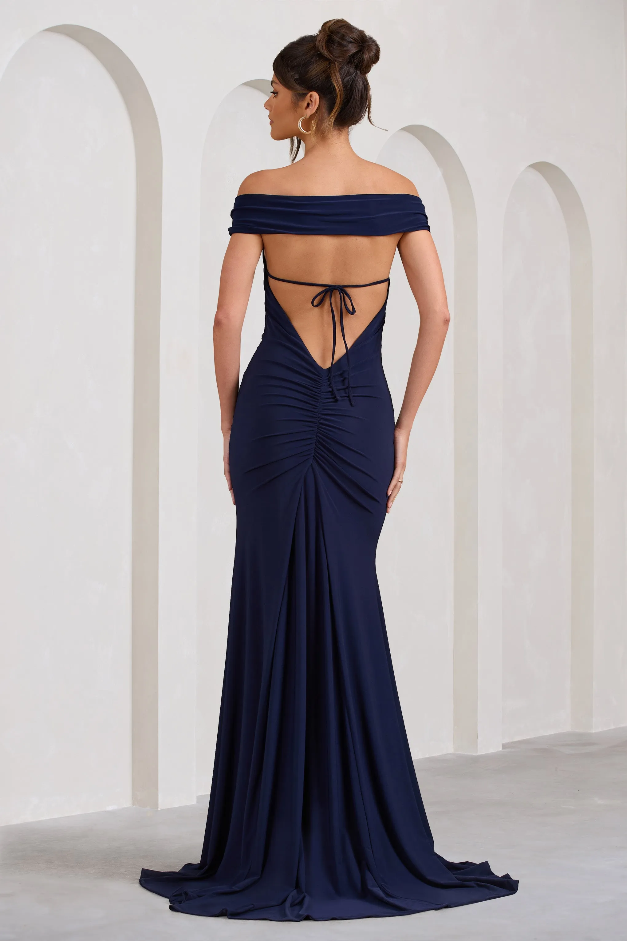 Harmony | Navy Ruched Bardot Split Fishtail Maxi Dress Club L London