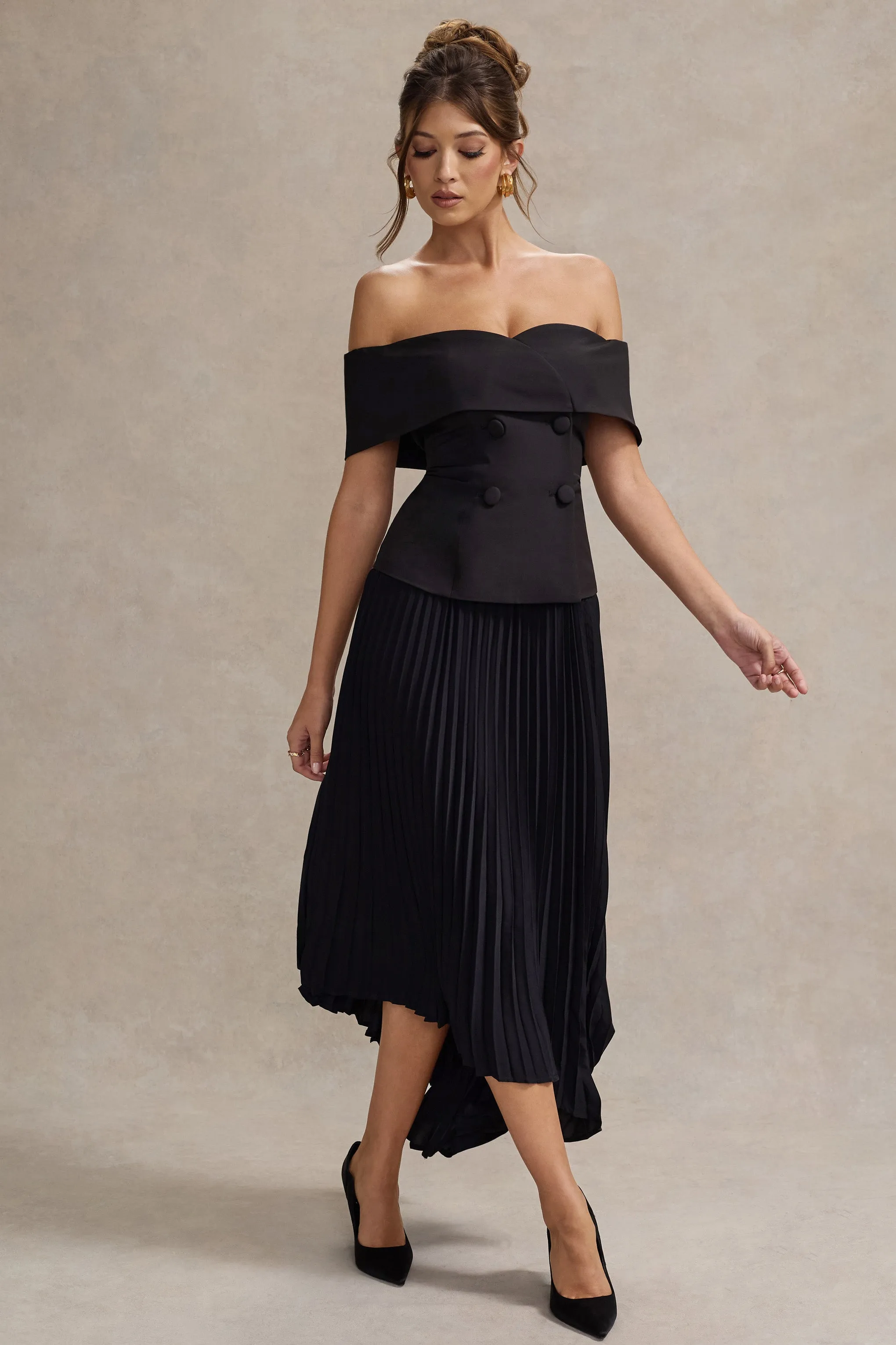 Hattie | Black Bardot Tailored Midi Dress With Plisse Skirt Club L London