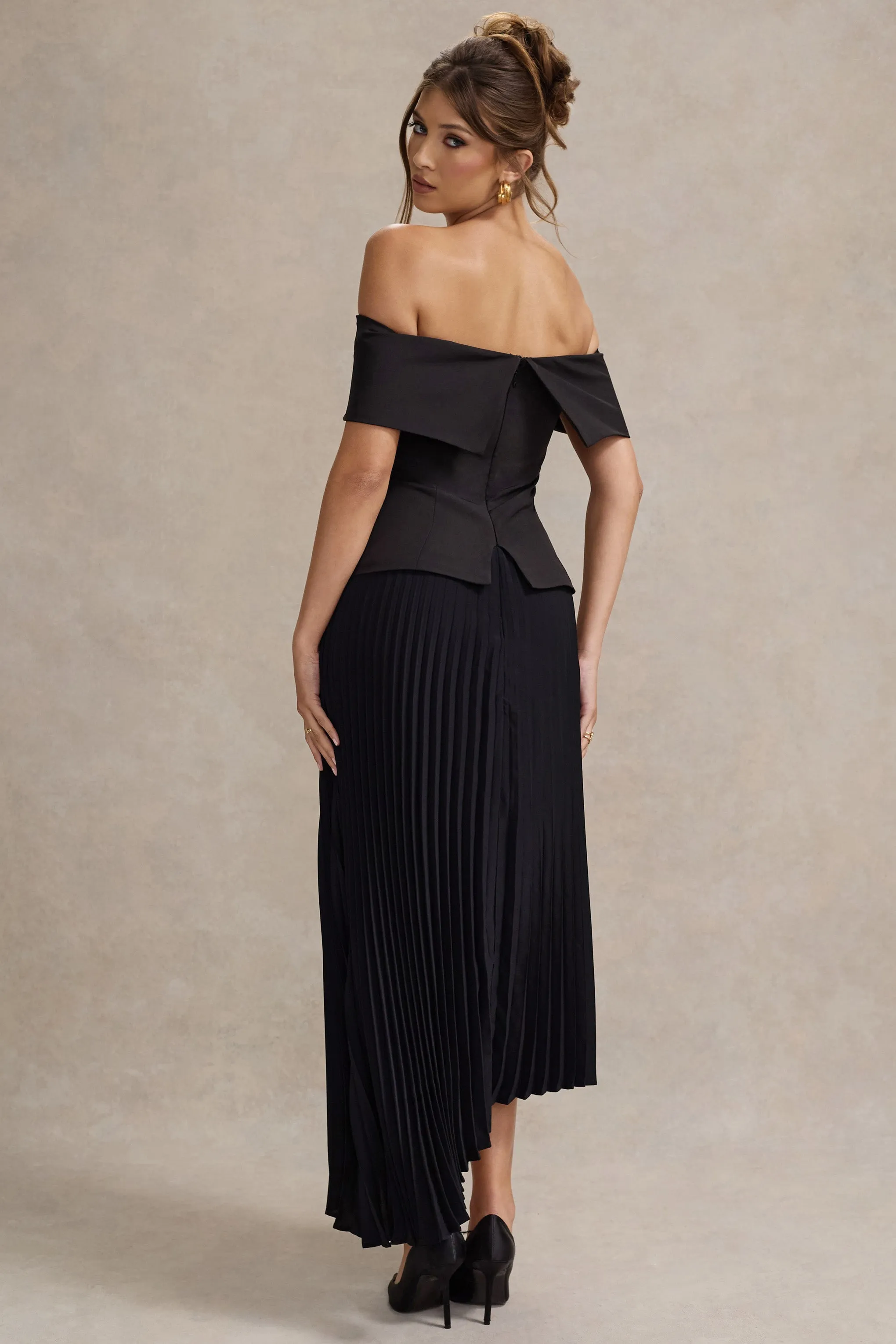 Hattie | Black Bardot Tailored Midi Dress With Plisse Skirt Club L London
