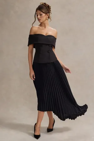 Hattie | Black Bardot Tailored Midi Dress With Plisse Skirt Club L London