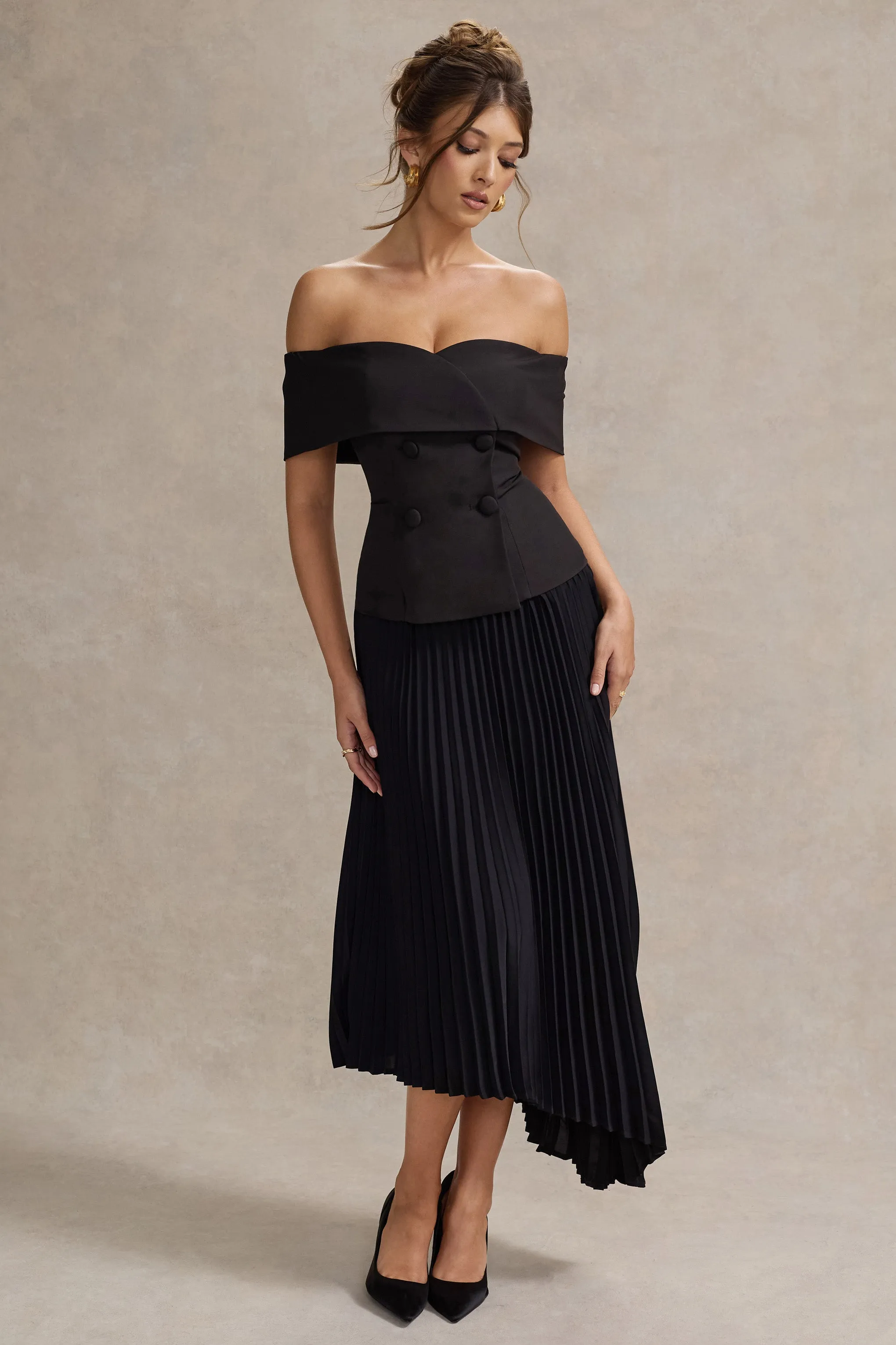 Hattie | Black Bardot Tailored Midi Dress With Plisse Skirt Club L London