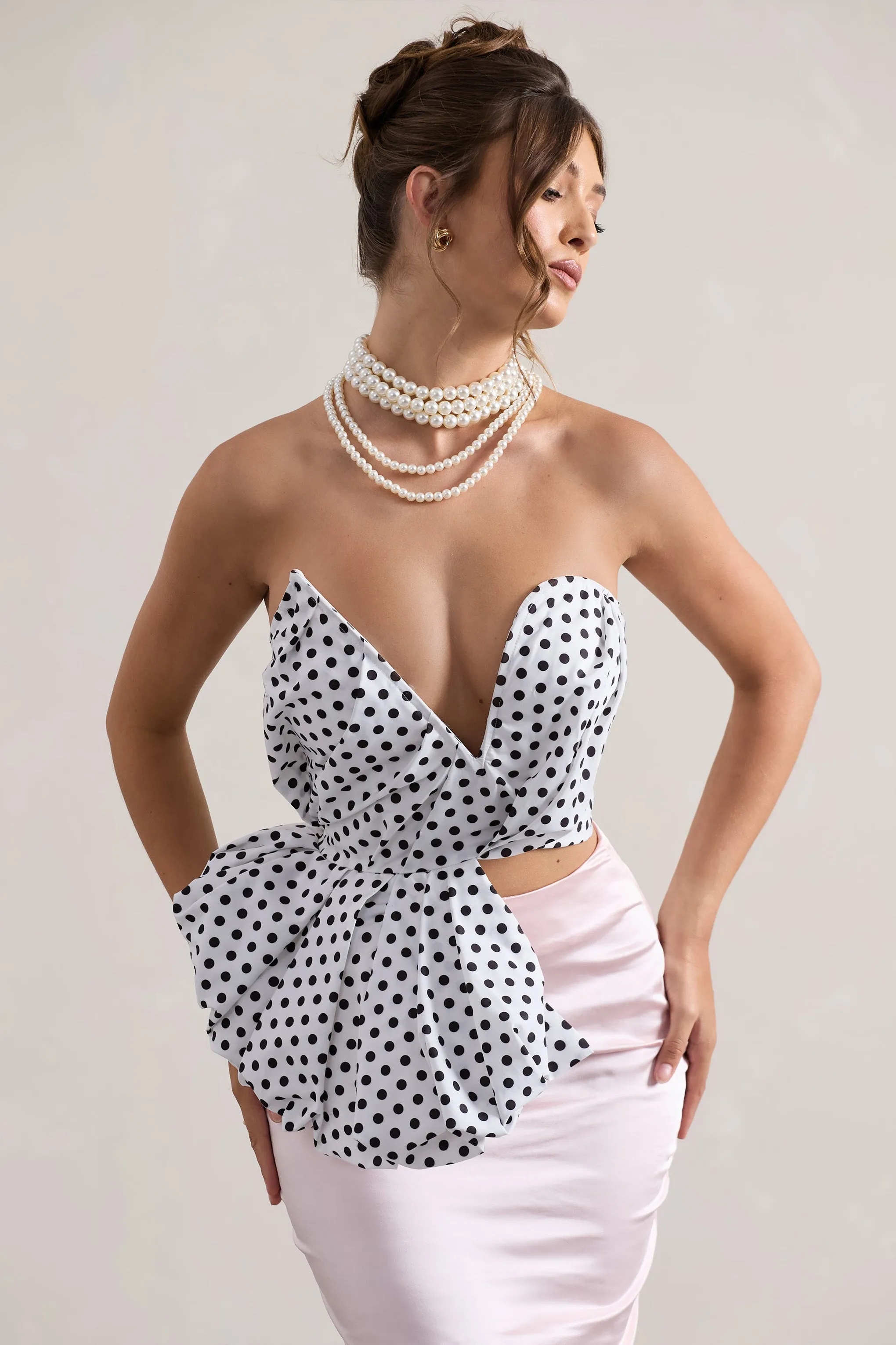 Haute | Cream Polka Dot Asymmetric Plunge-Neck Corset With Ruffle Club L London