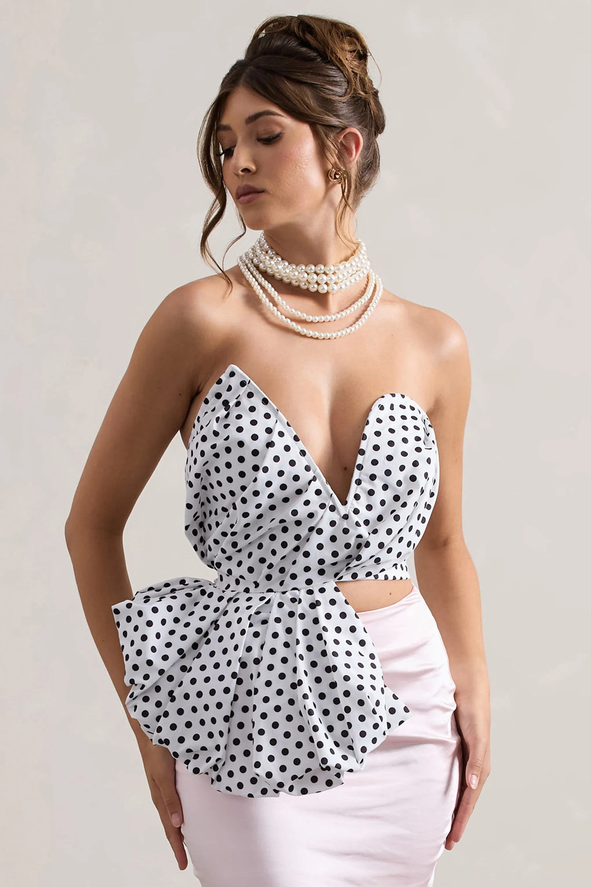 Haute | Cream Polka Dot Asymmetric Plunge-Neck Corset With Ruffle Club L London
