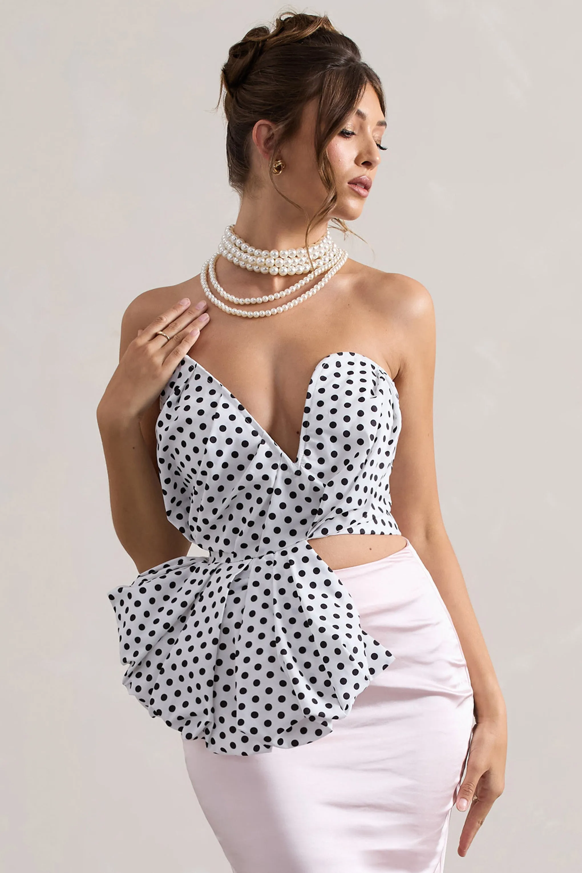 Haute | Cream Polka Dot Asymmetric Plunge-Neck Corset With Ruffle Club L London