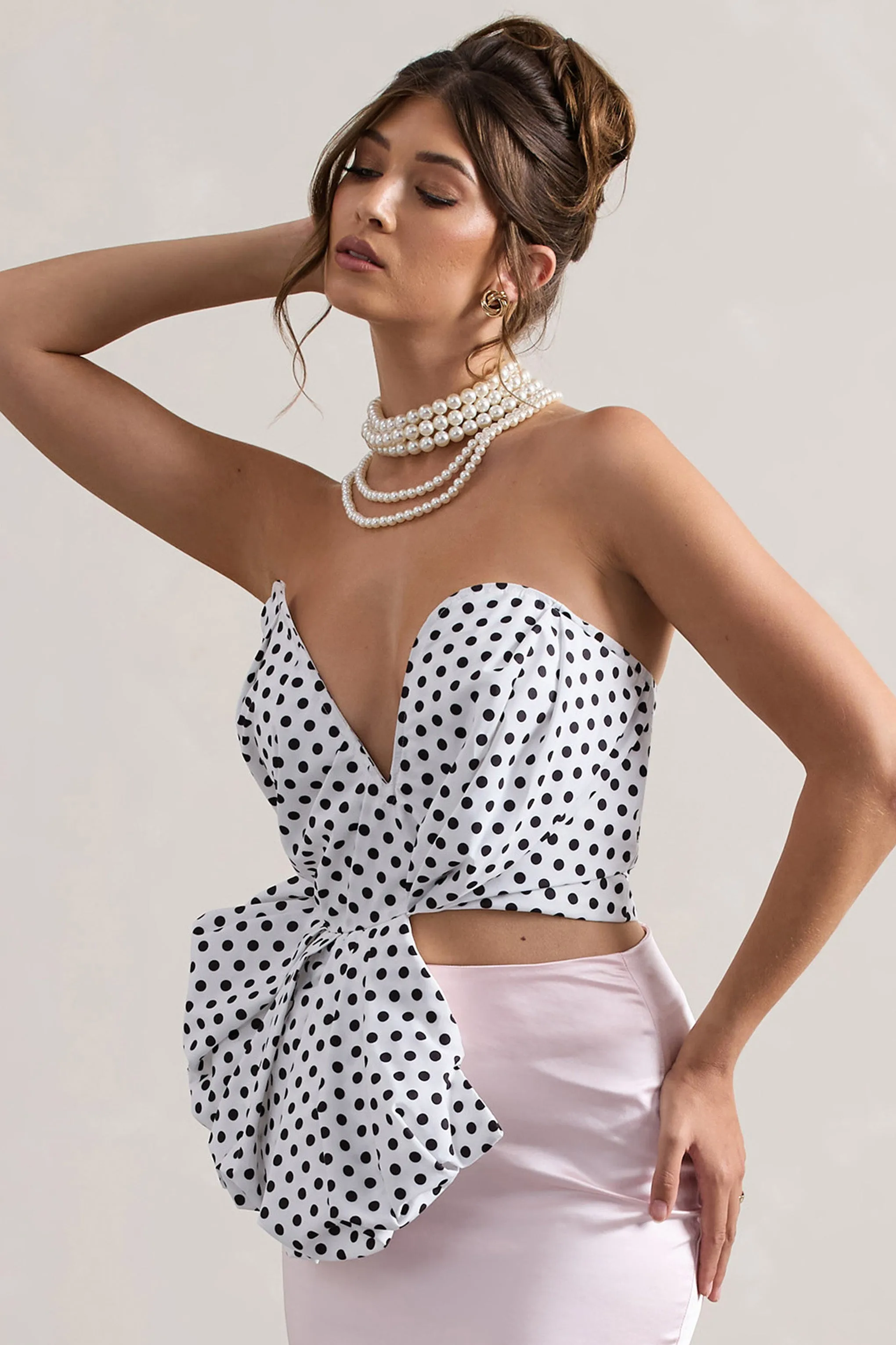Haute | Cream Polka Dot Asymmetric Plunge-Neck Corset With Ruffle Club L London