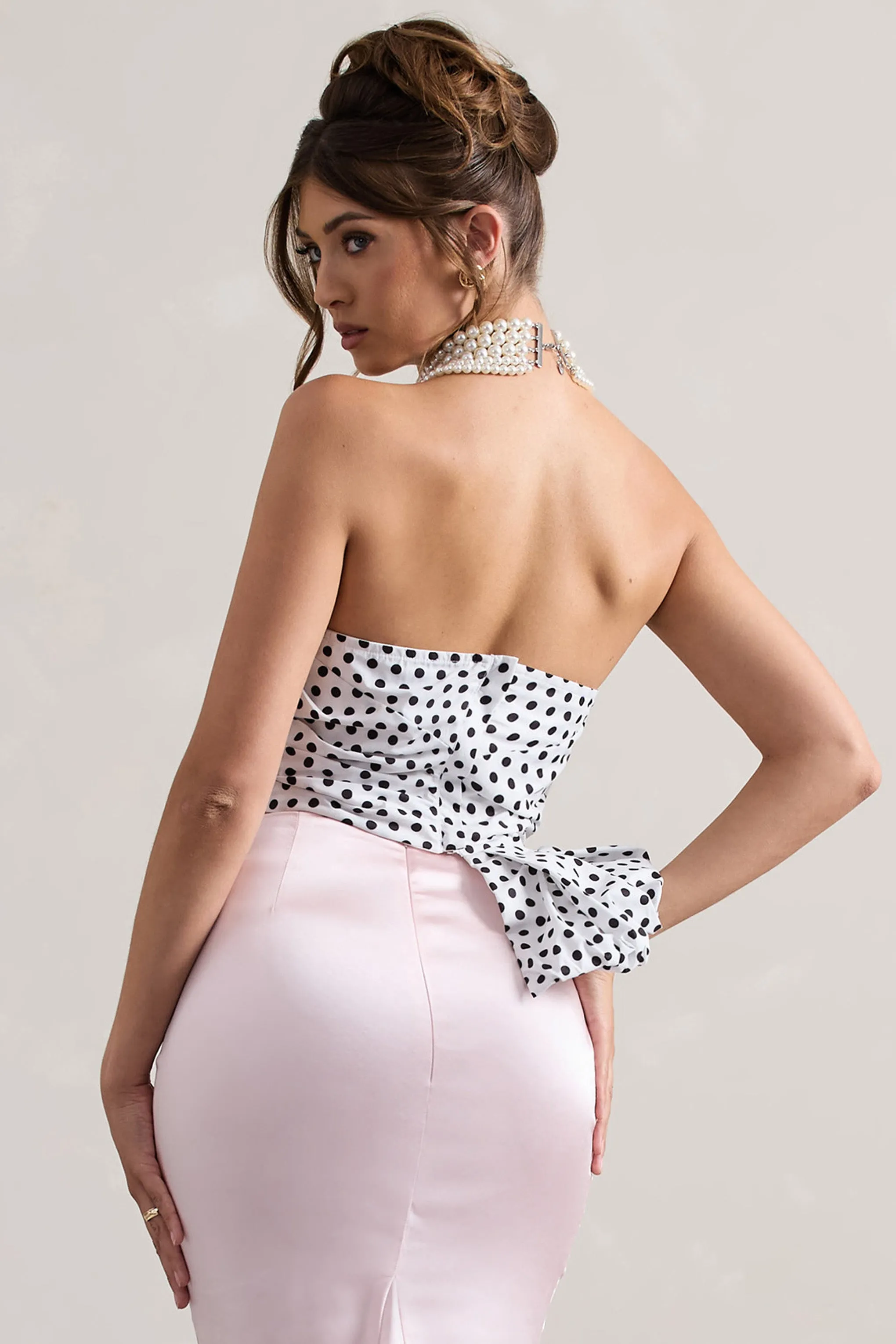 Haute | Cream Polka Dot Asymmetric Plunge-Neck Corset With Ruffle Club L London