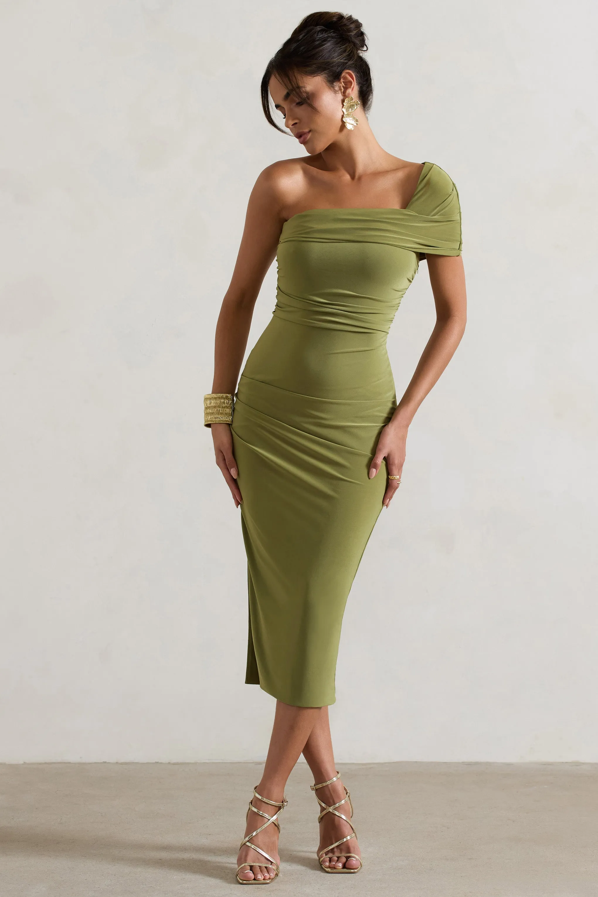 Hawaii | Olive Asymmetric One-Shoulder Split Midi Dress Club L London