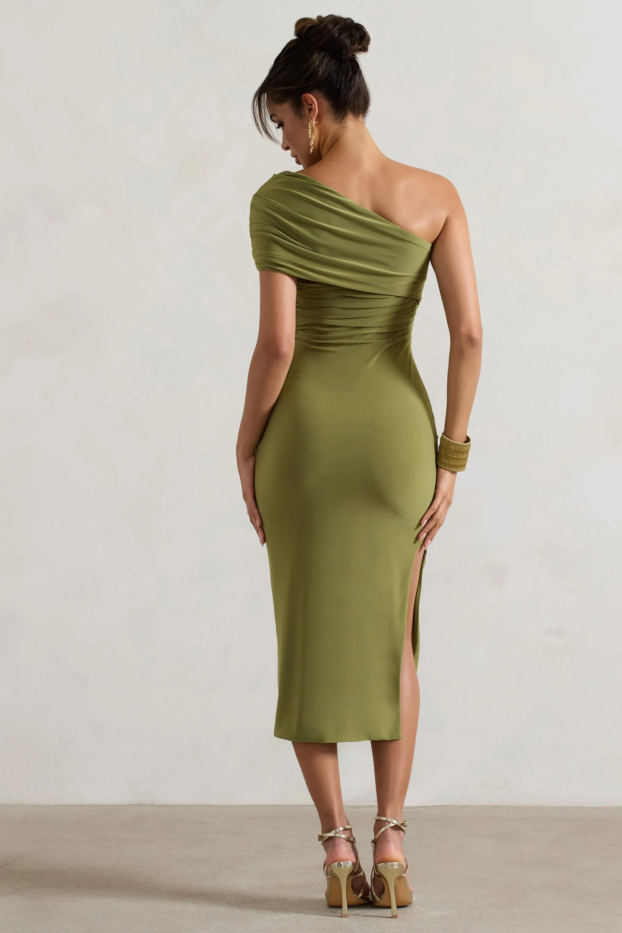 Hawaii | Olive Asymmetric One-Shoulder Split Midi Dress Club L London