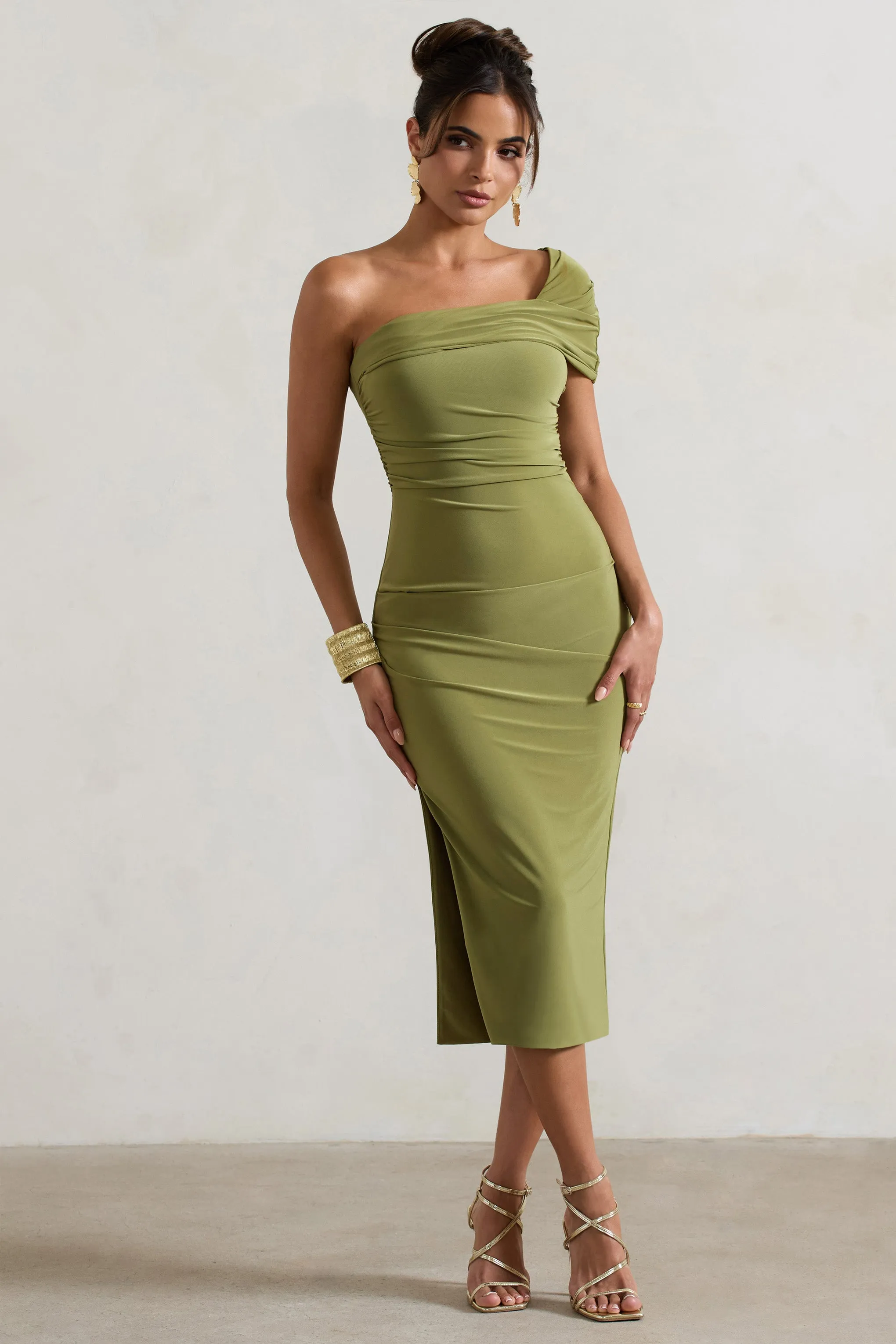 Hawaii | Olive Asymmetric One-Shoulder Split Midi Dress Club L London