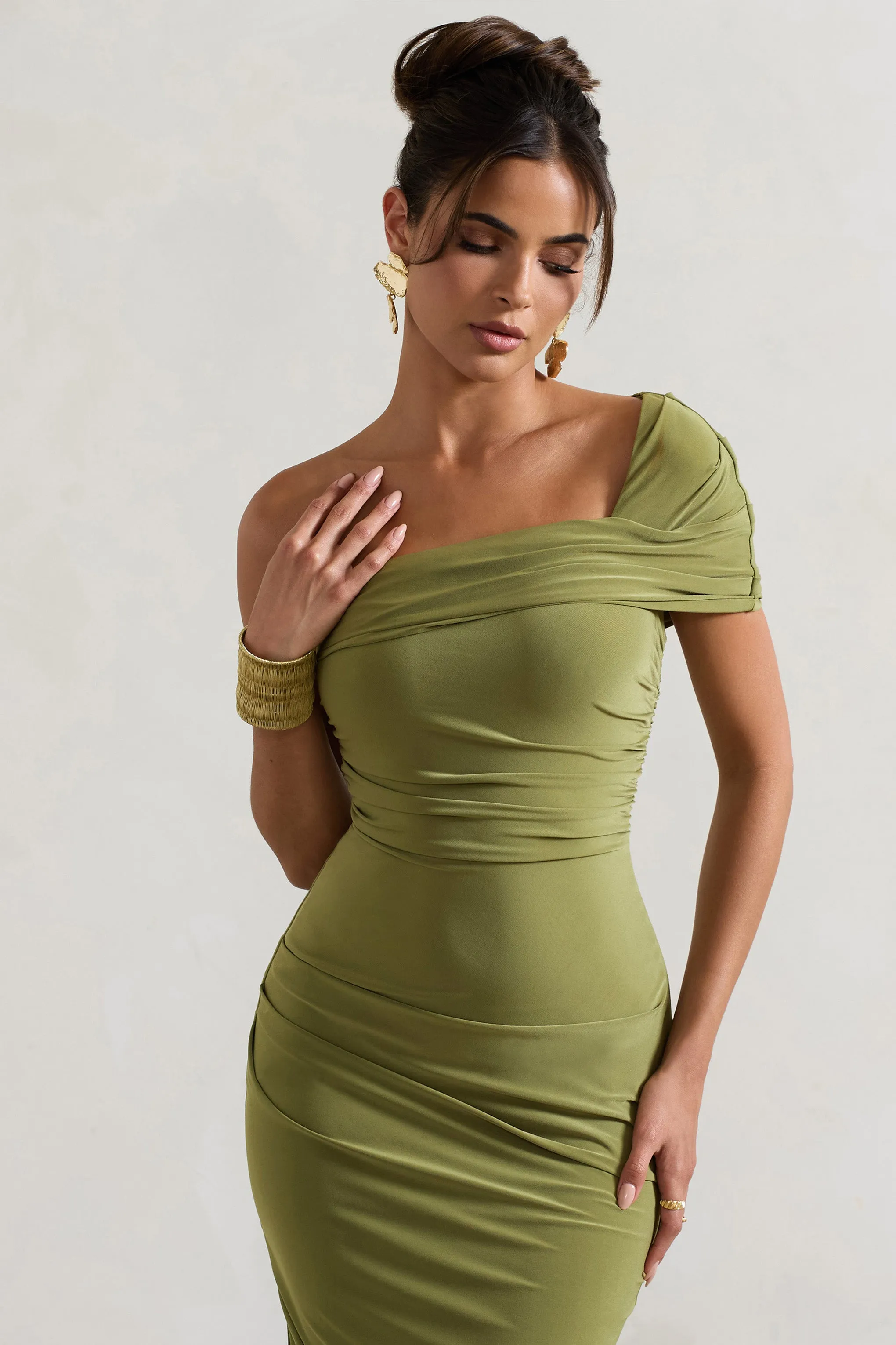 Hawaii | Olive Asymmetric One-Shoulder Split Midi Dress Club L London
