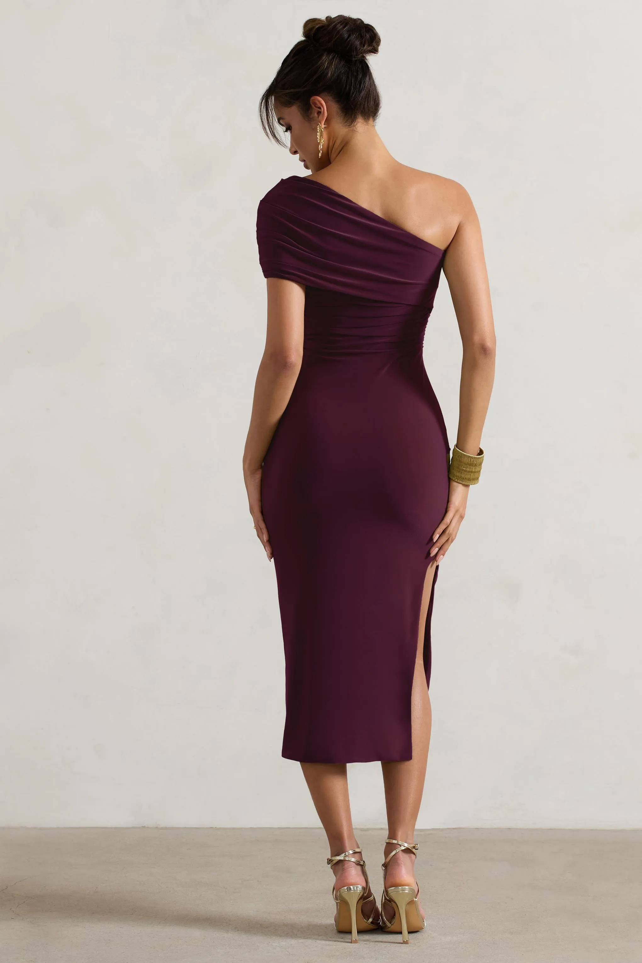 Hawaii | Plum Asymmetric One-Shoulder Split Midi Dress Club L London