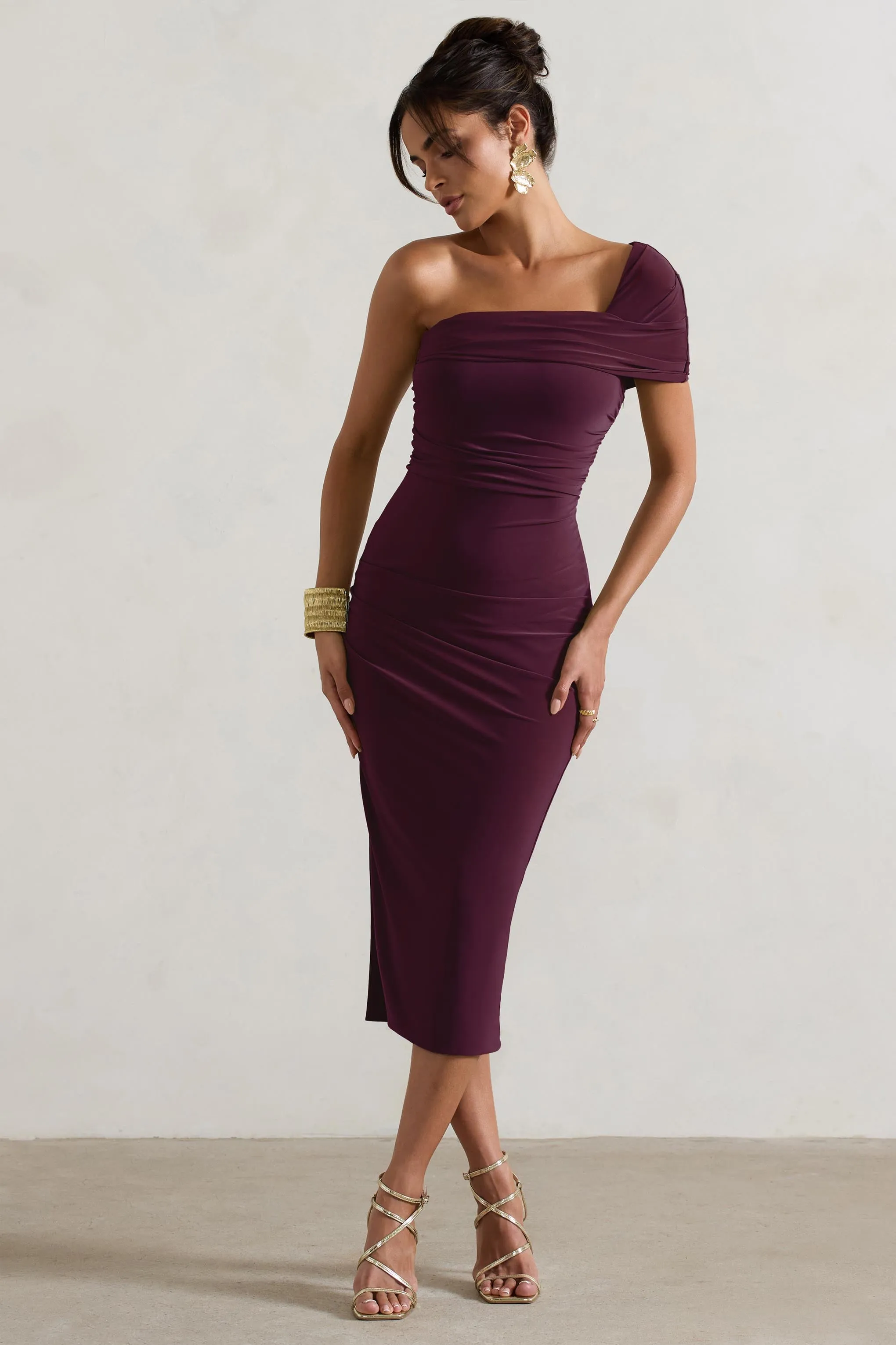 Hawaii | Plum Asymmetric One-Shoulder Split Midi Dress Club L London