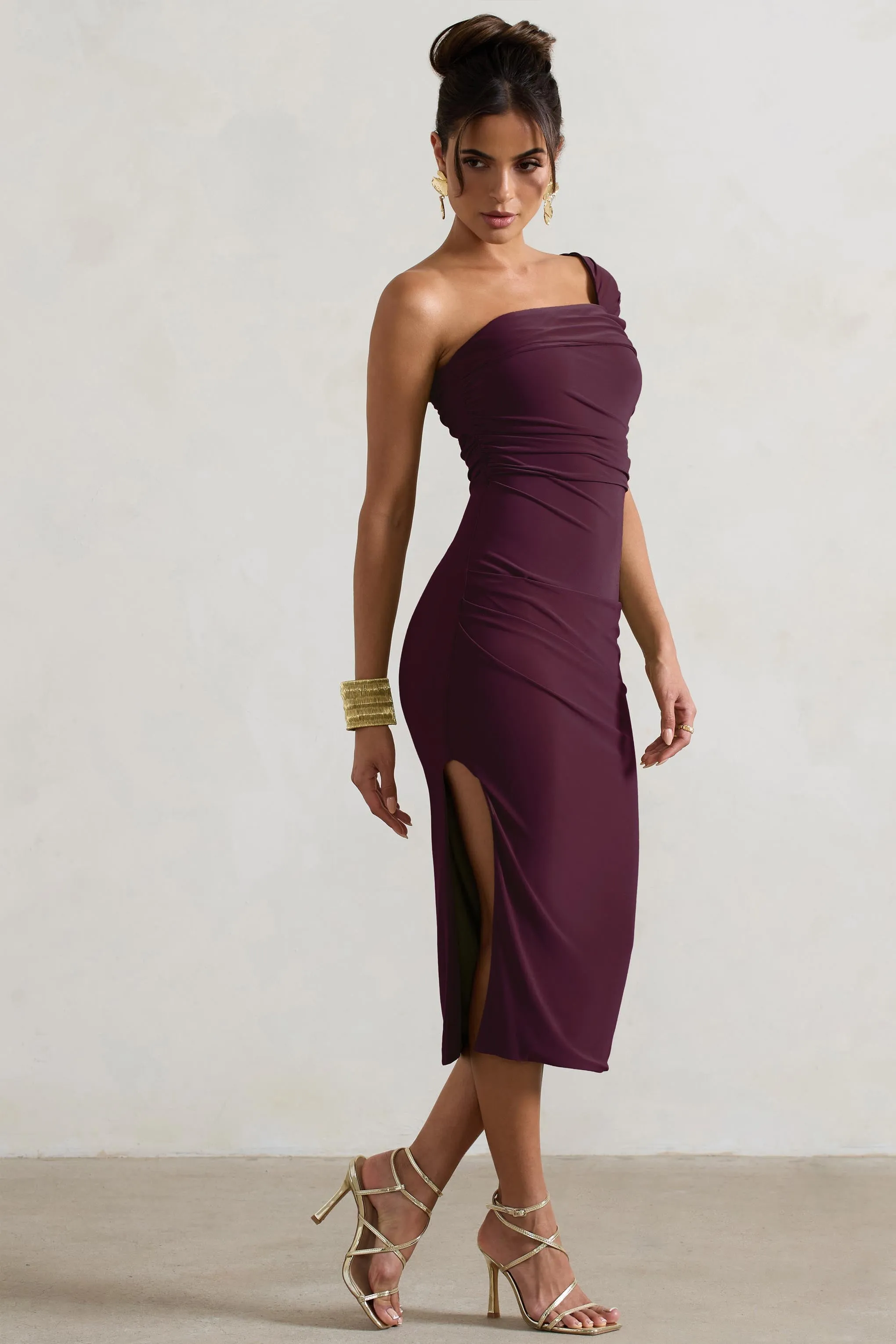 Hawaii | Plum Asymmetric One-Shoulder Split Midi Dress Club L London