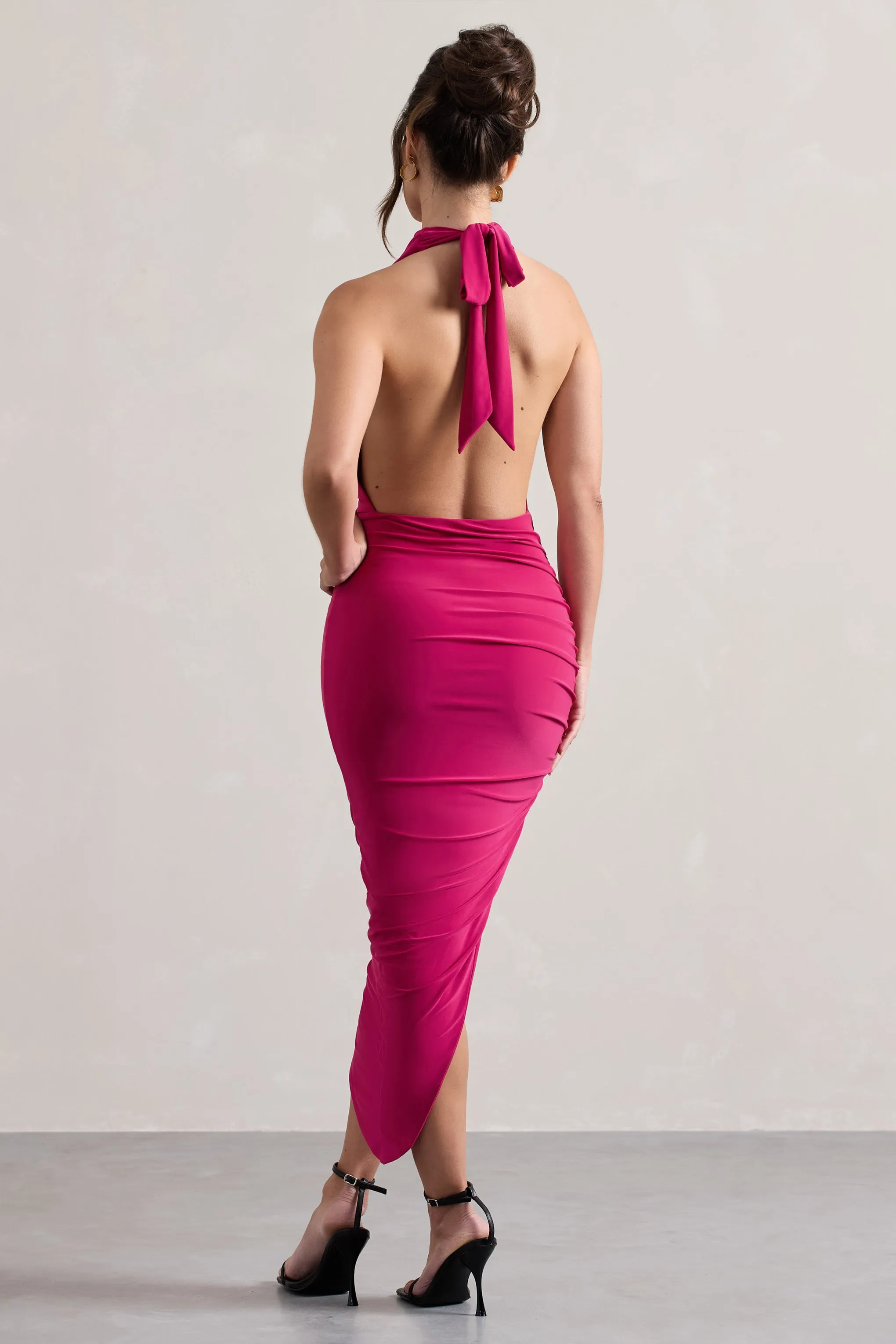 Hayley | Hot Pink Cowl-Neck Asymmetric Maxi Dress Club L London