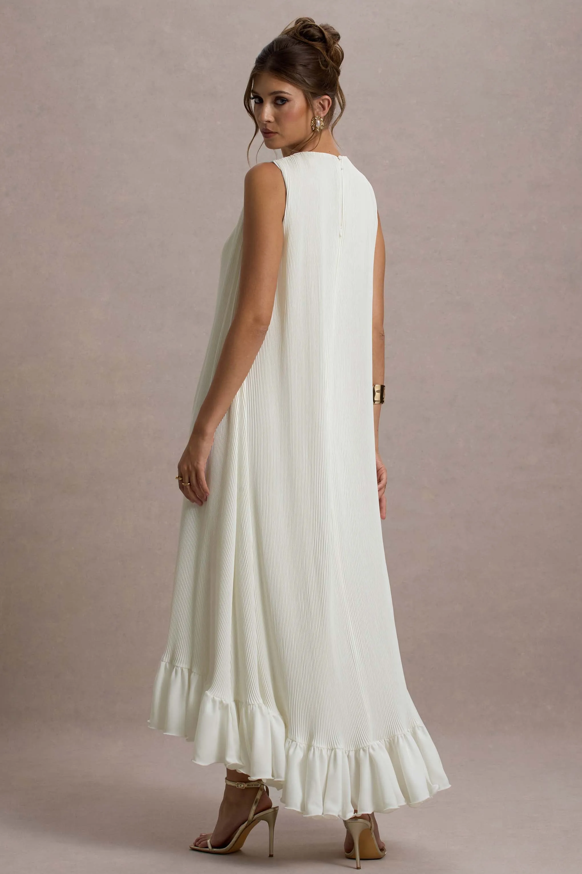 Hazelle | Cream Chiffon A-Line Ruffled Maxi Dress Club L London