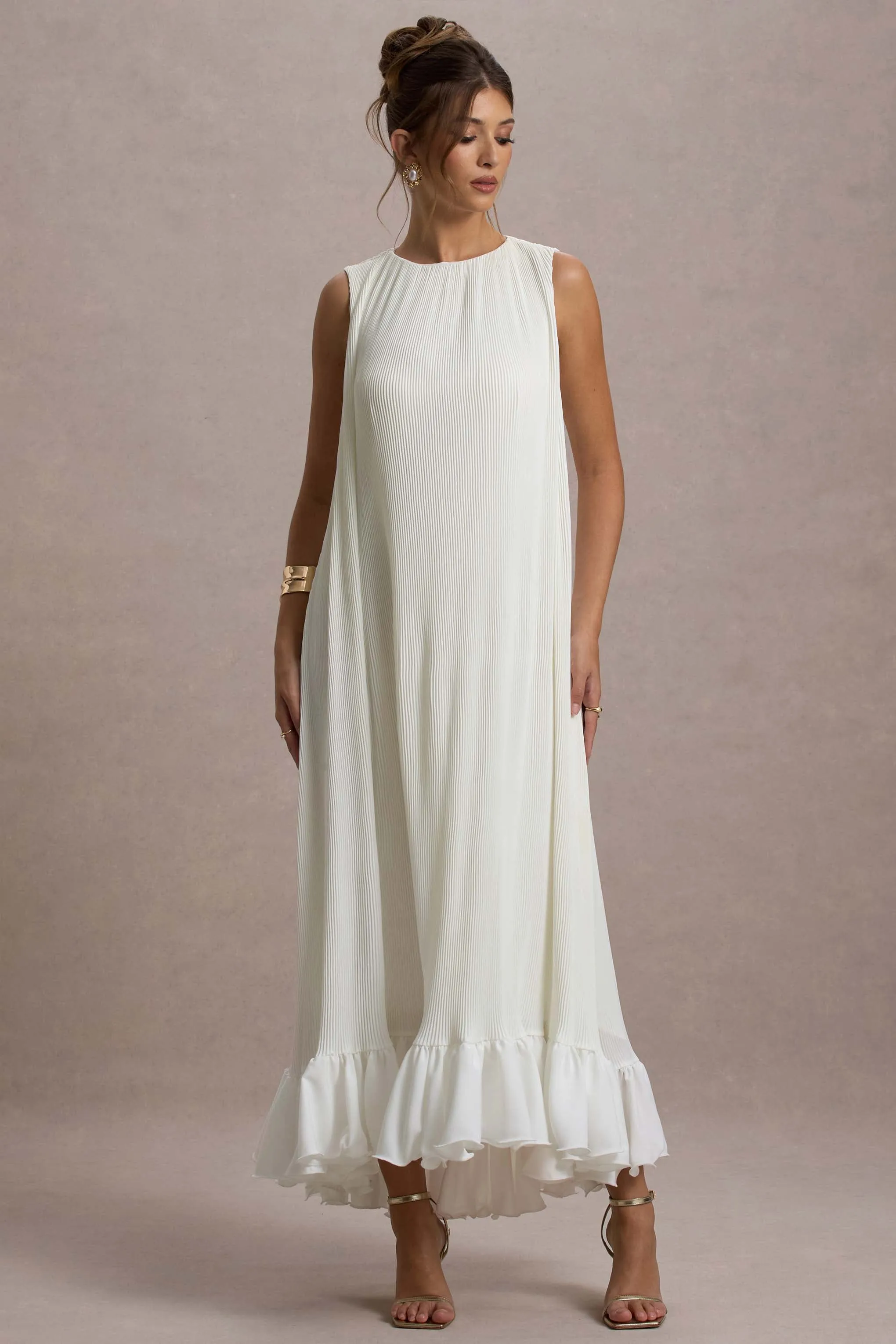 Hazelle | Cream Chiffon A-Line Ruffled Maxi Dress Club L London