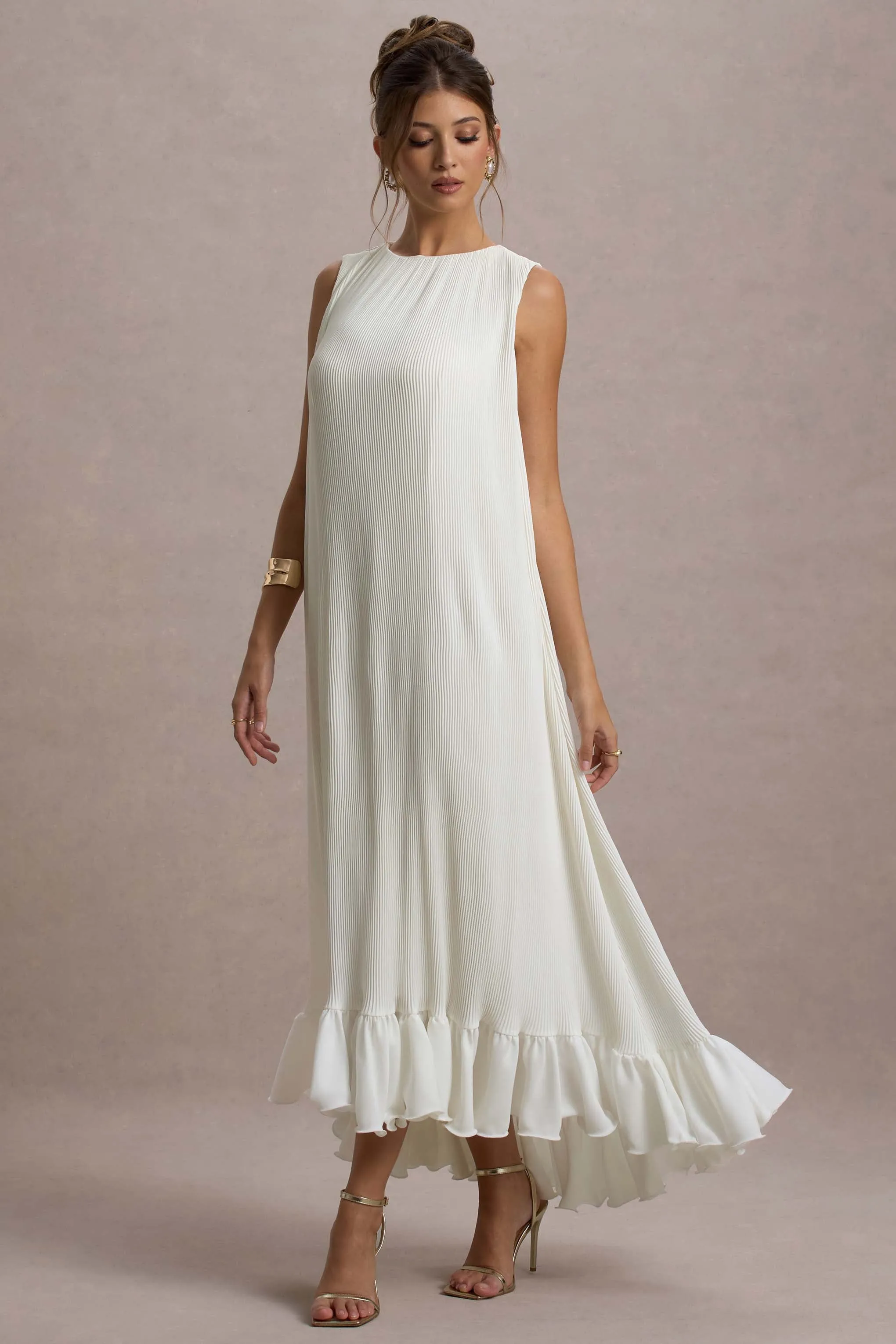 Hazelle | Cream Chiffon A-Line Ruffled Maxi Dress Club L London