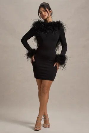 Heiress | Black Long-Sleeve Low Back Mini Dress With Feather Trim Club L London