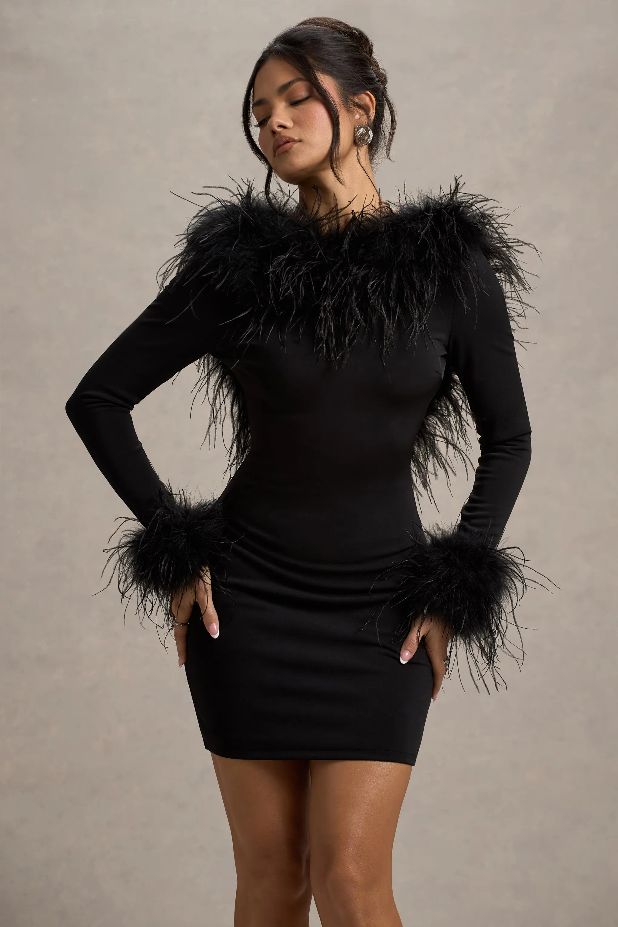 Heiress | Black Long-Sleeve Low Back Mini Dress With Feather Trim Club L London