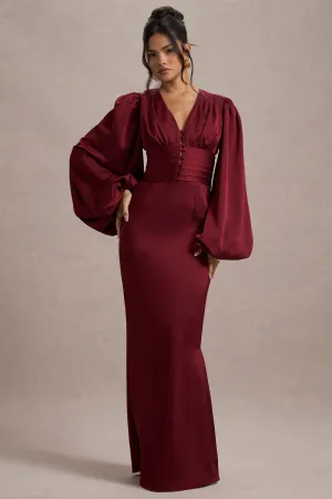 Helsinki | Berry Satin V-Neck Balloon Sleeve Maxi Dress Club L London