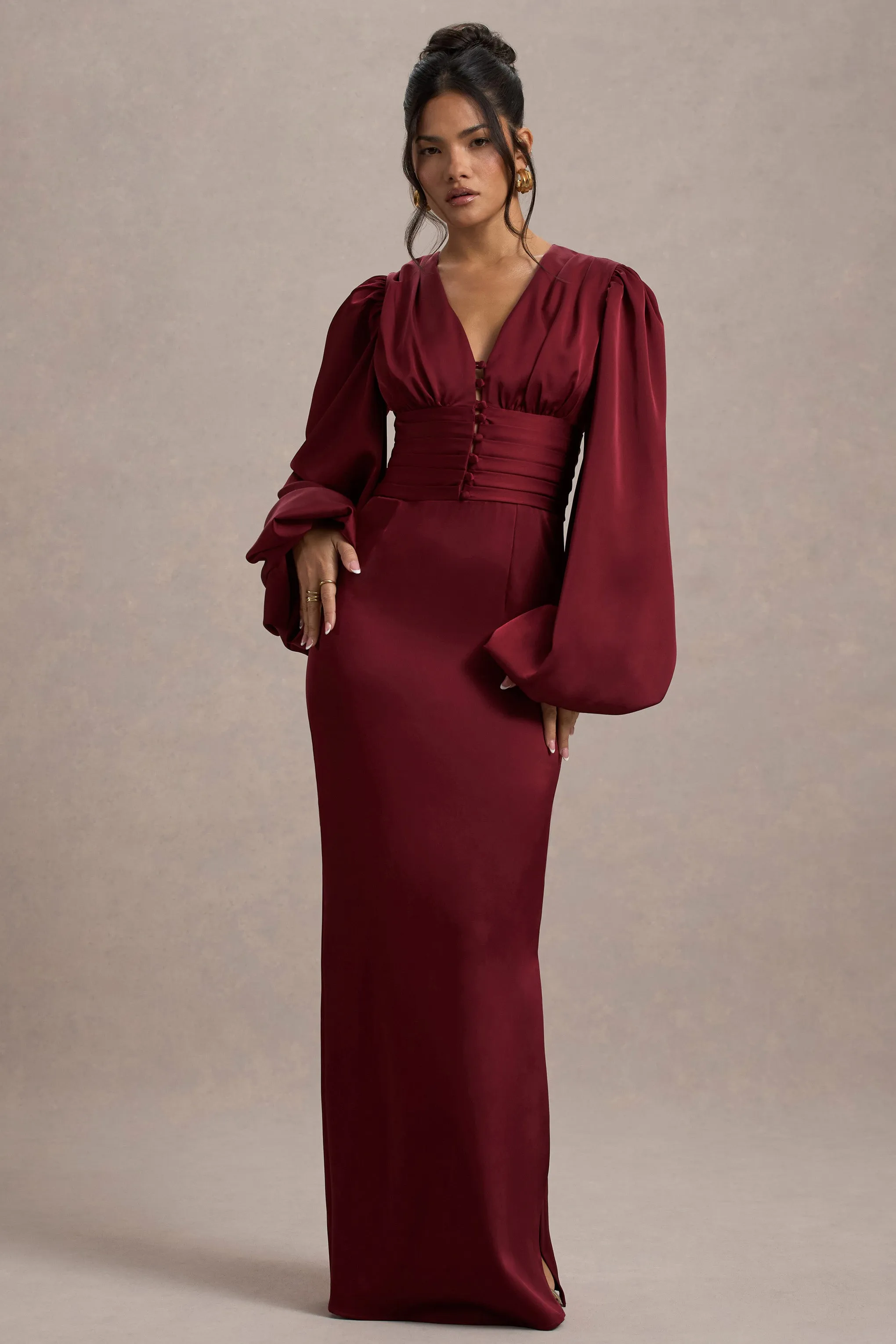 Helsinki | Berry Satin V-Neck Balloon Sleeve Maxi Dress Club L London