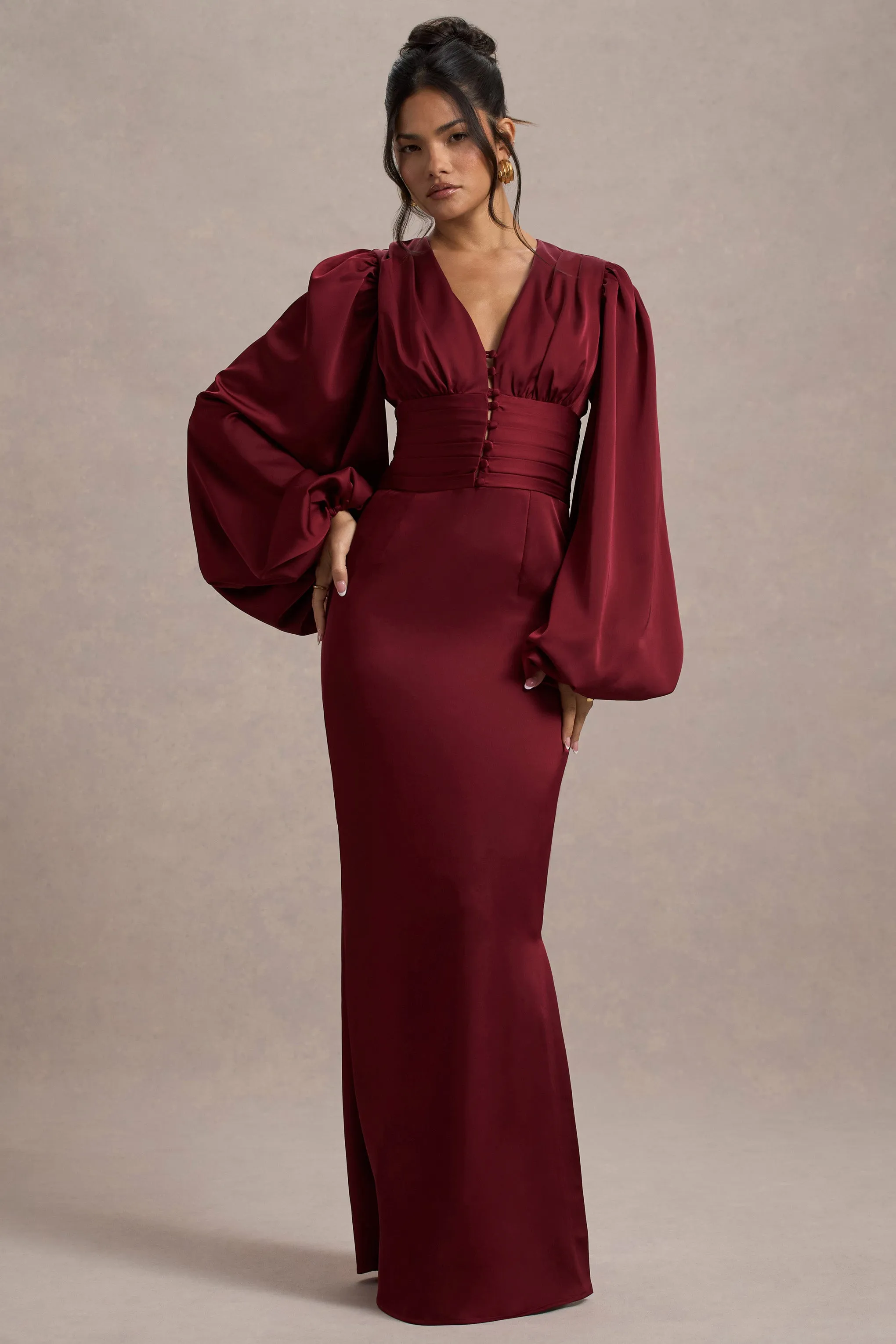 Helsinki | Berry Satin V-Neck Balloon Sleeve Maxi Dress Club L London