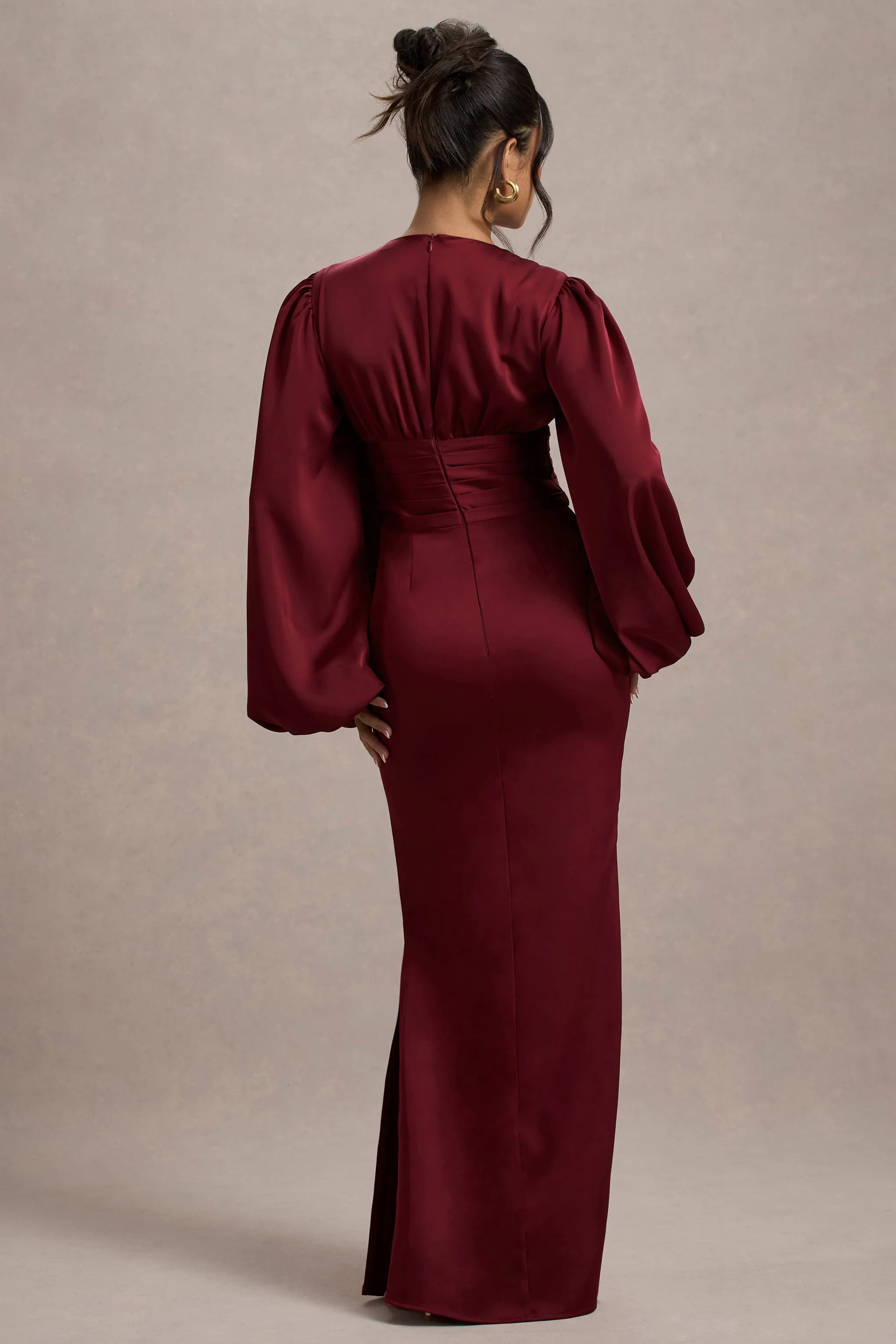Helsinki | Berry Satin V-Neck Balloon Sleeve Maxi Dress Club L London