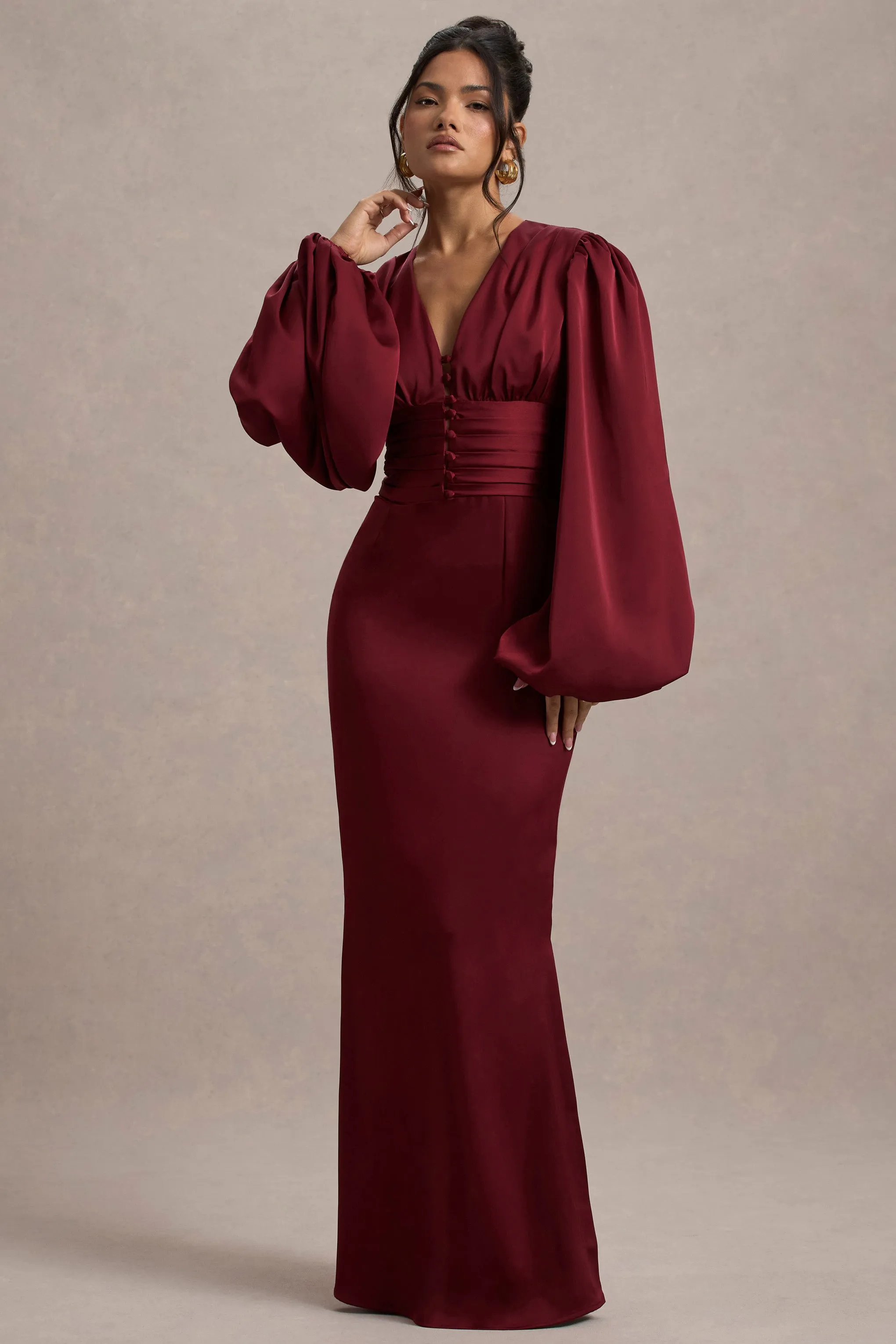 Helsinki | Berry Satin V-Neck Balloon Sleeve Maxi Dress Club L London