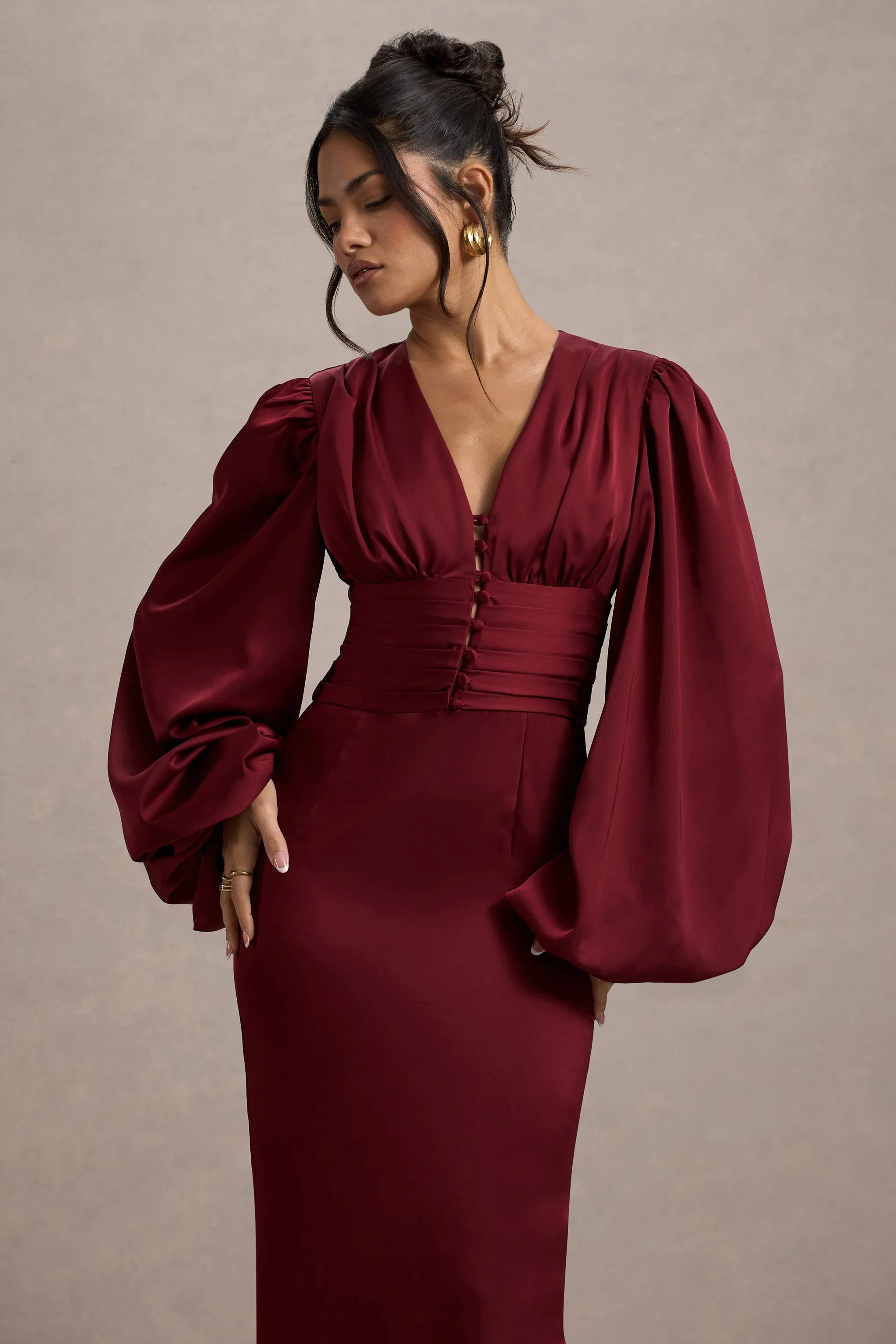 Helsinki | Berry Satin V-Neck Balloon Sleeve Maxi Dress Club L London