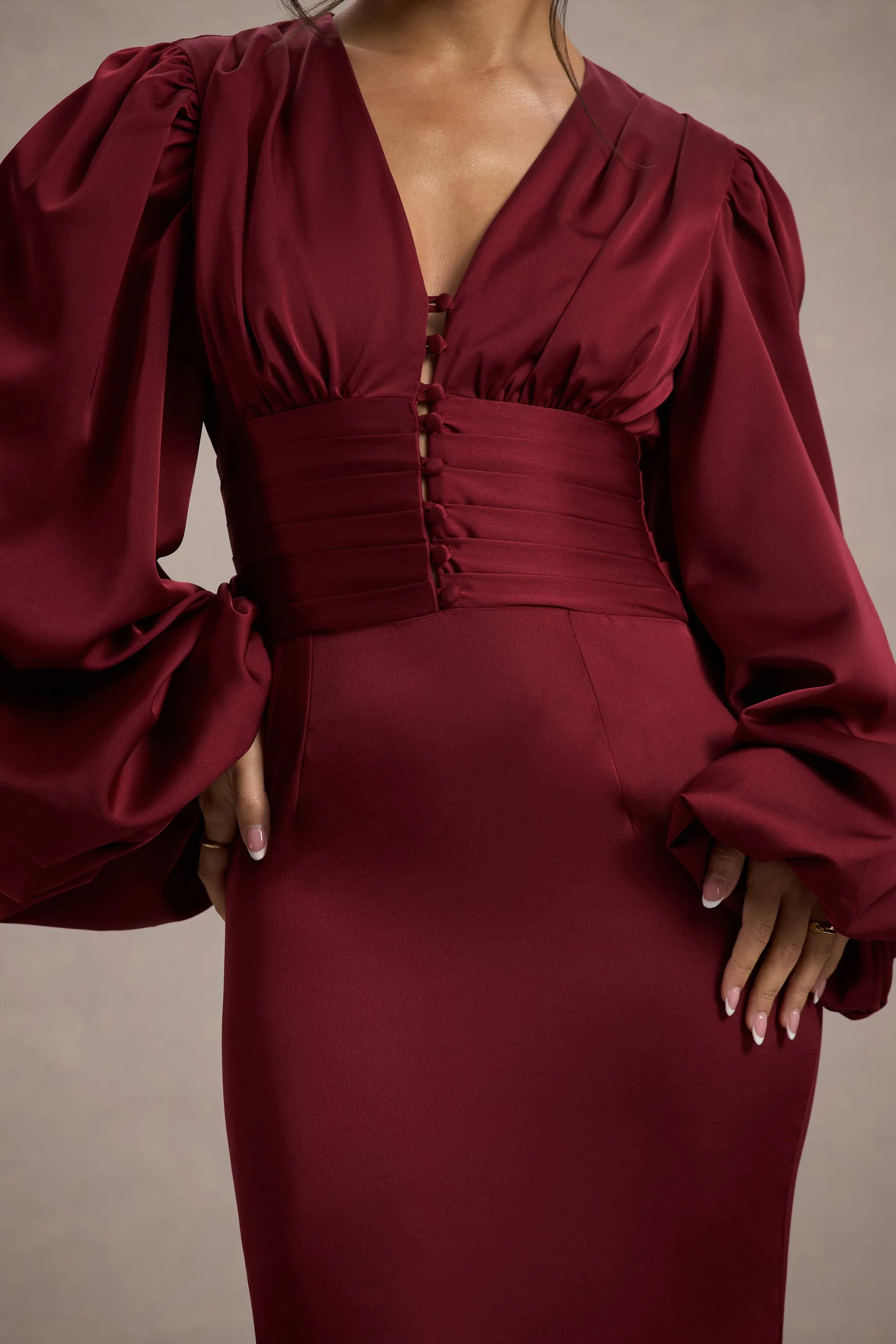 Helsinki | Berry Satin V-Neck Balloon Sleeve Maxi Dress Club L London