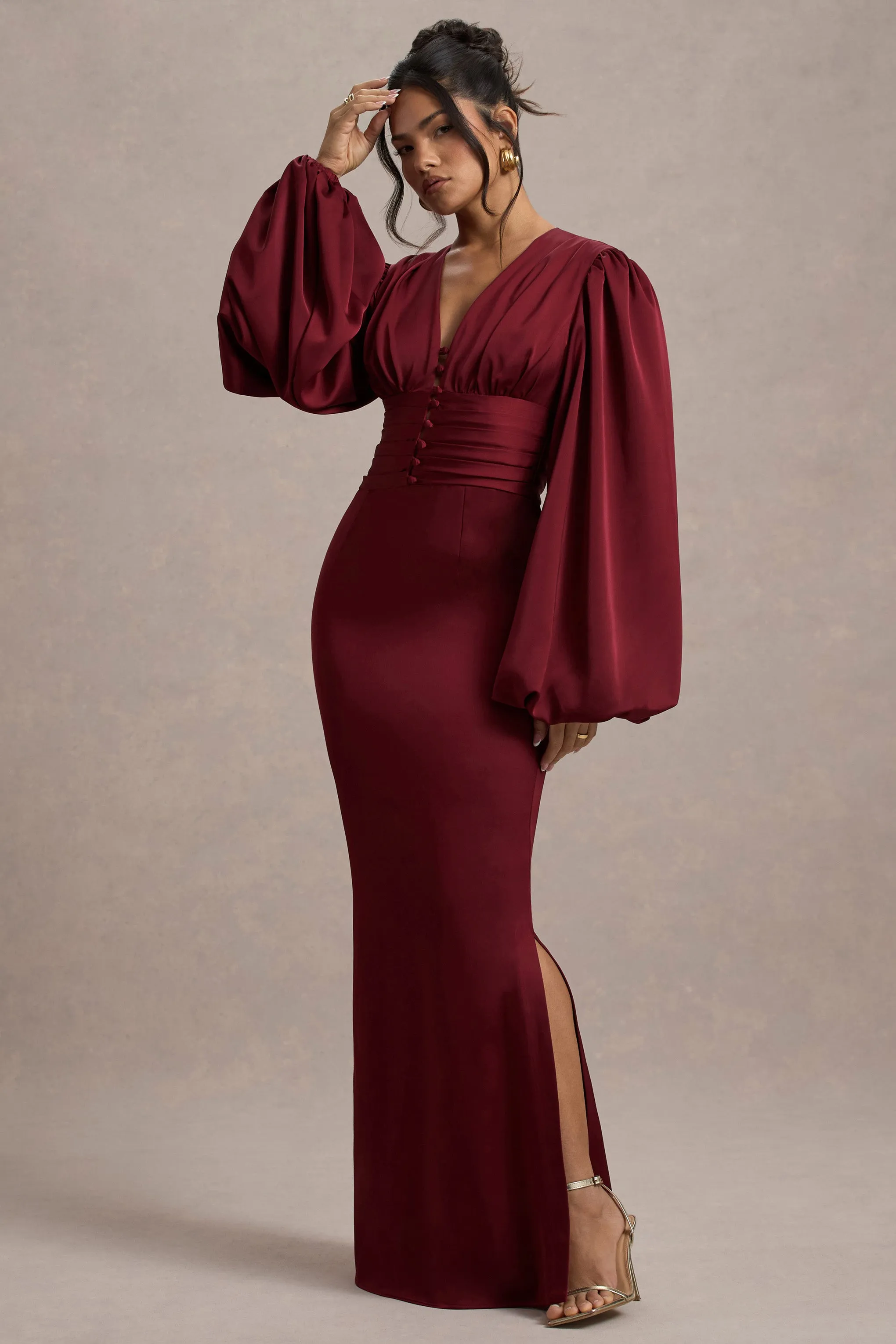 Helsinki | Berry Satin V-Neck Balloon Sleeve Maxi Dress Club L London