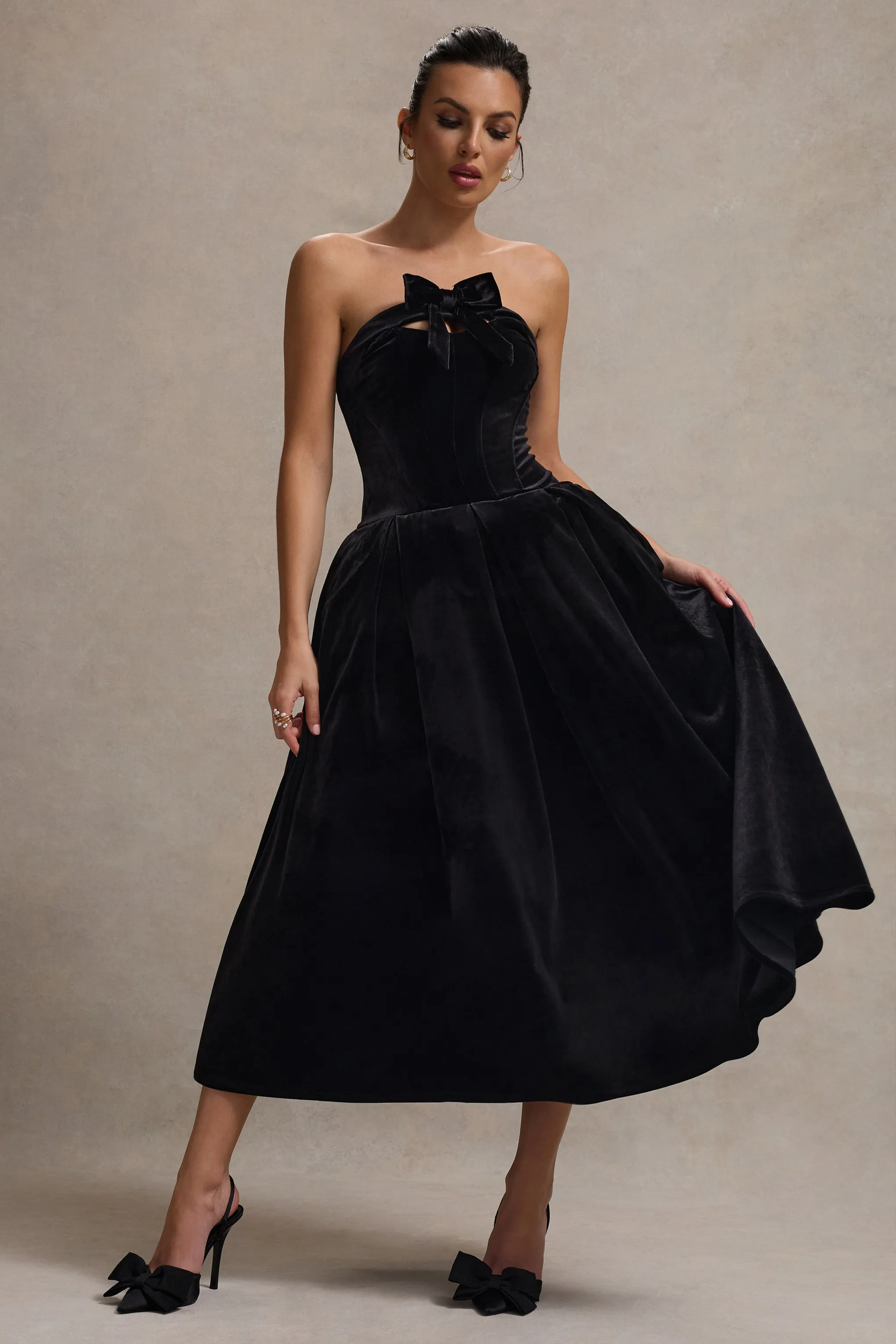 Hepburn | Black Velvet Bandeau Midi Dress With Bow Club L London